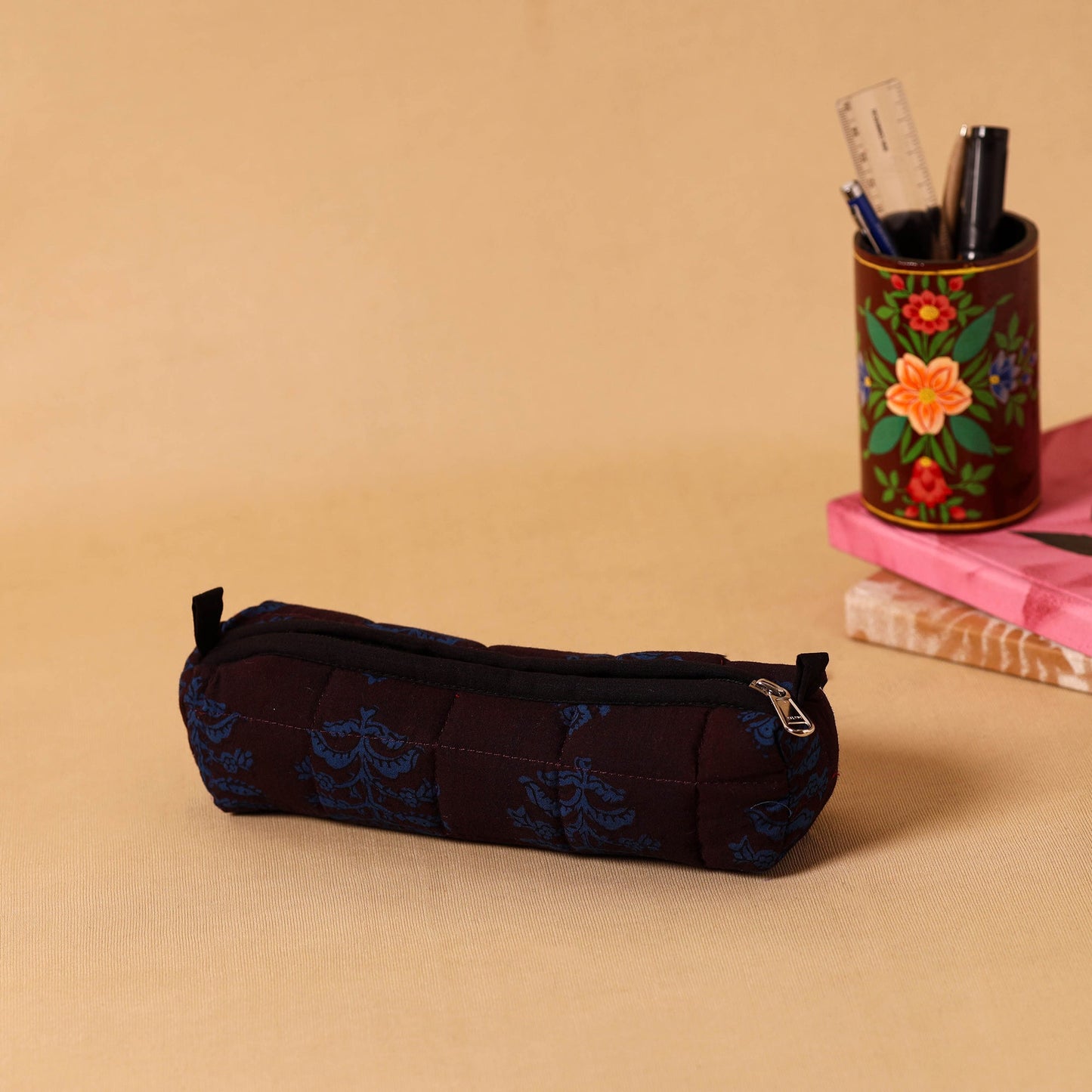 Brown Handmade Quilted Cotton Pencil Pouch