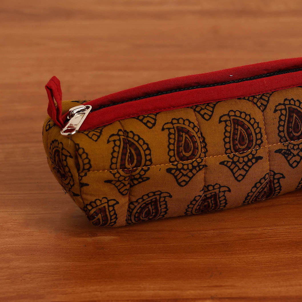 Brown Handmade Quilted Cotton Pencil Pouch