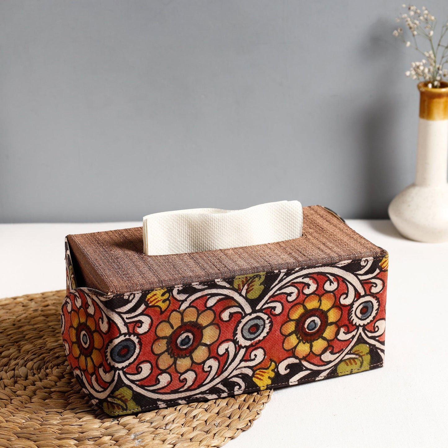 Brown Handpainted Kalamkari Natural Dyed Cotton Tissue Box