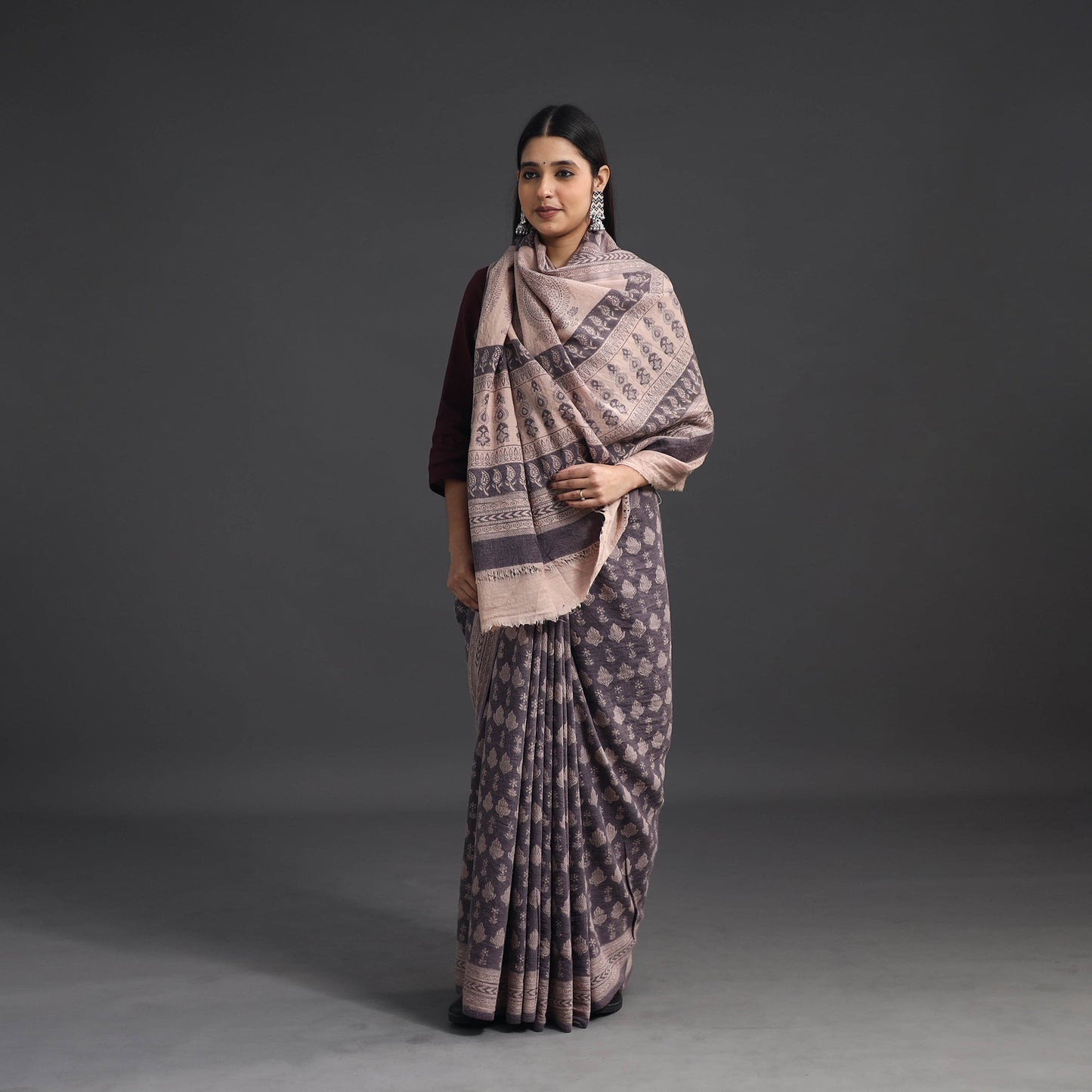 Brown Handwoven Merino Wool Bagh Block Print Saree
