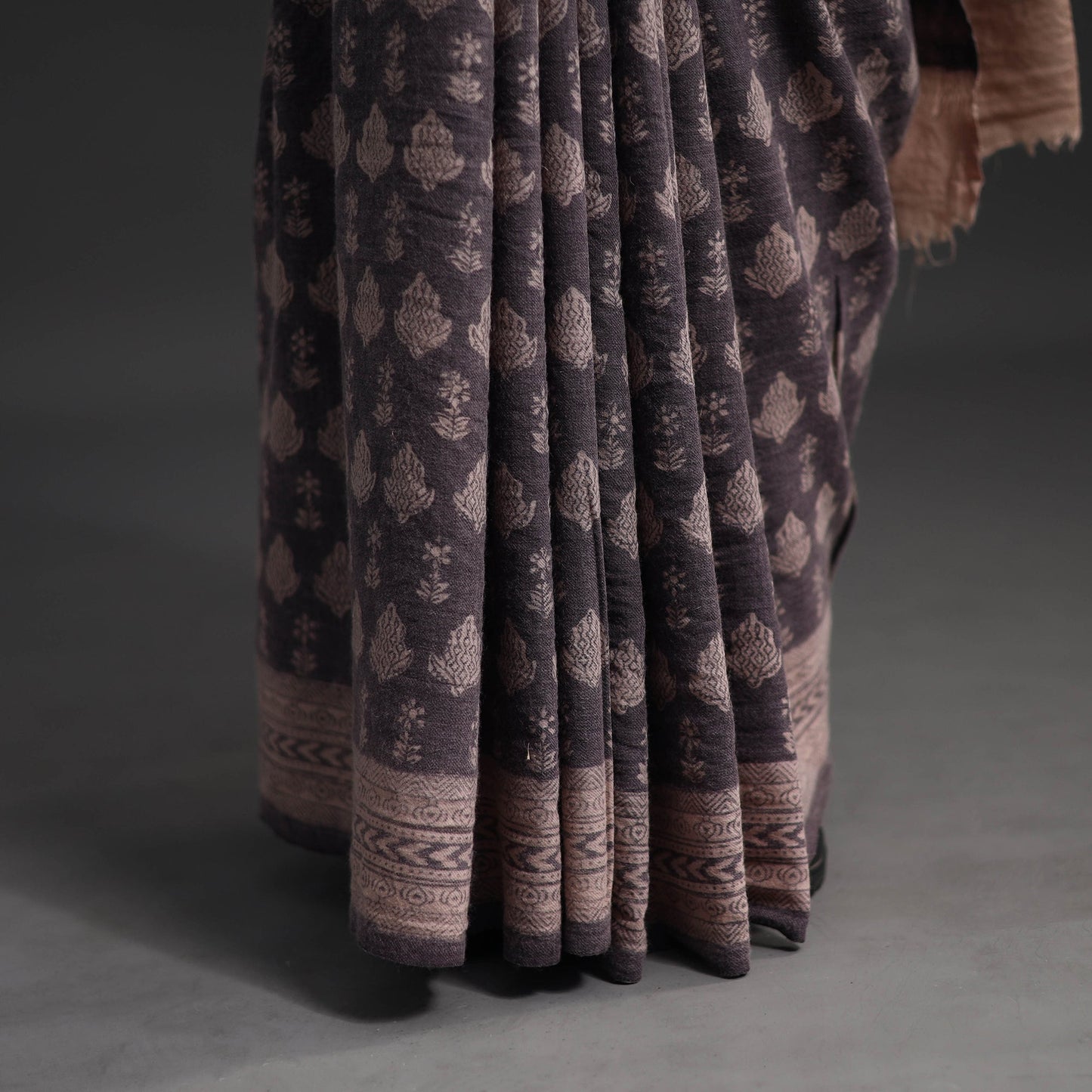 Brown Handwoven Merino Wool Bagh Block Print Saree