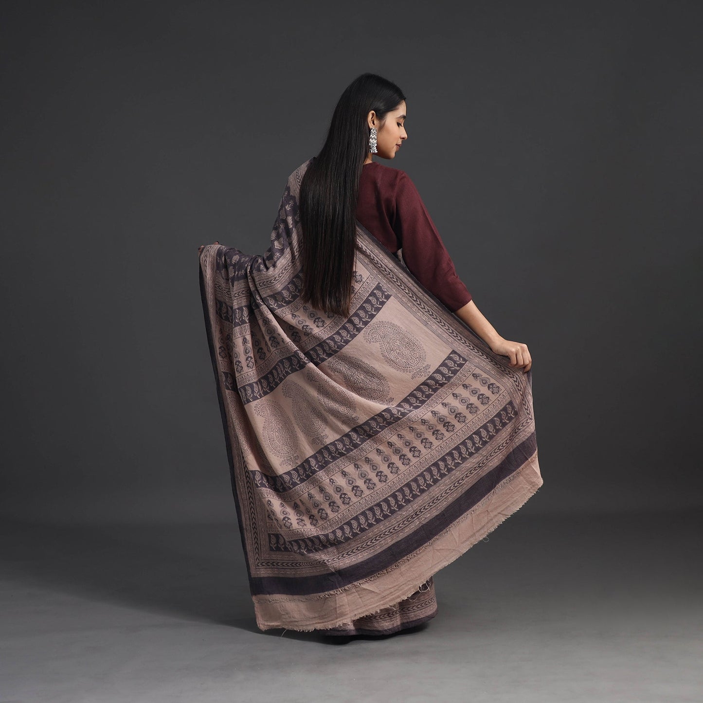 Brown Handwoven Merino Wool Bagh Block Print Saree