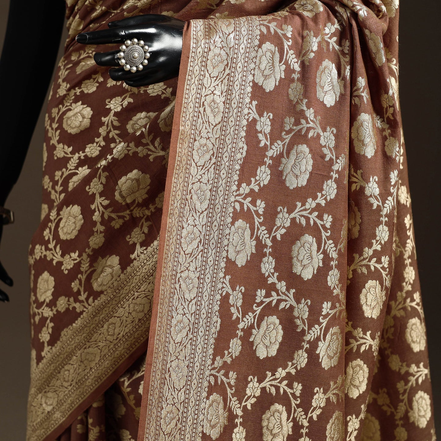 Brown - handwoven zari jaal work mulberry x muga silk heavy