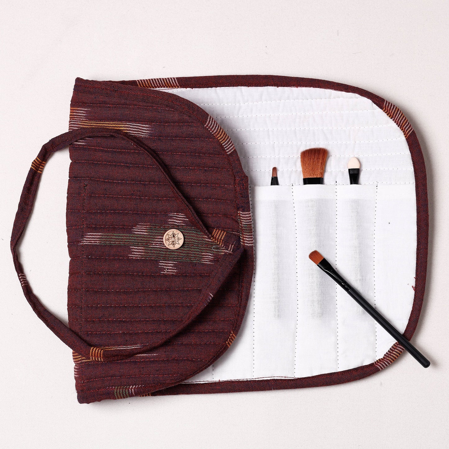 Ikat Fabric Multipurpose Segmented Make-up Brush Wrap Pouch/Case