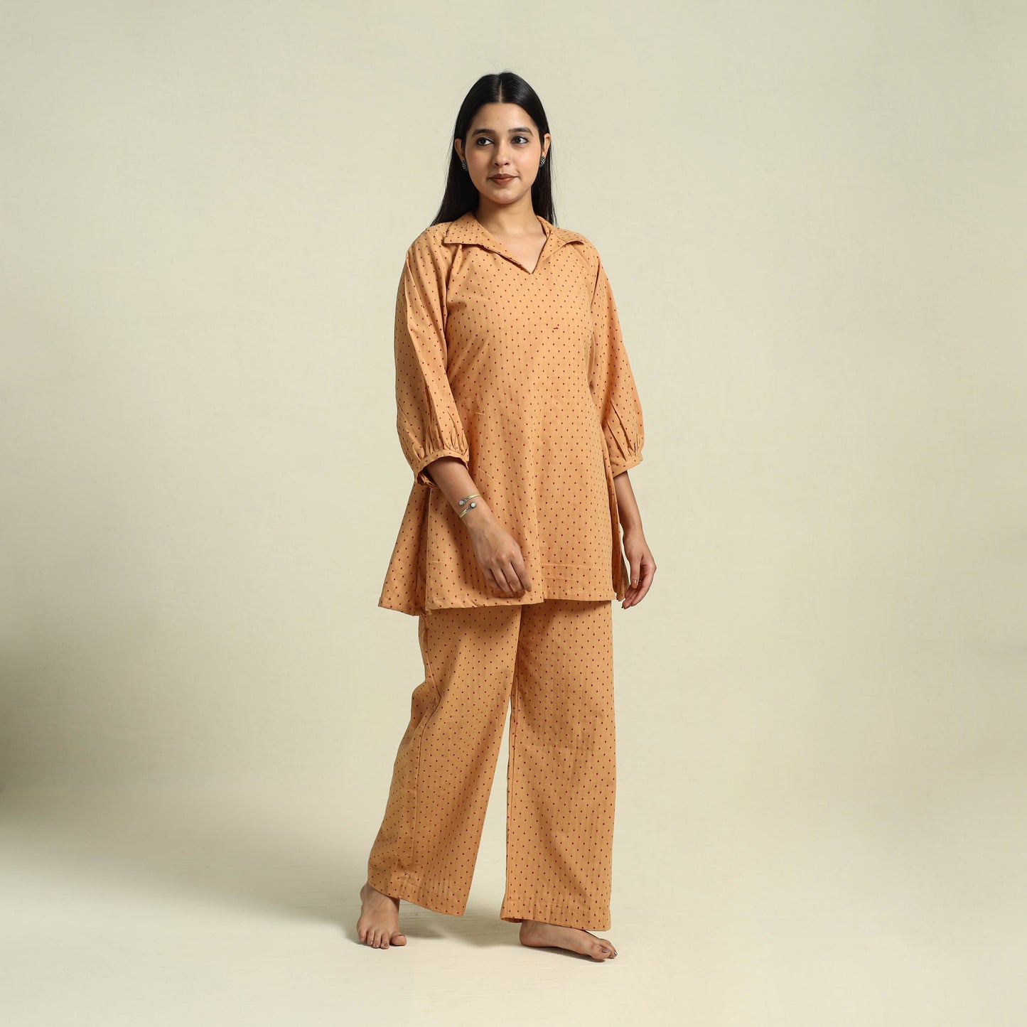 Brown Jacquard Cotton Top & Pyjama Night Suit Set