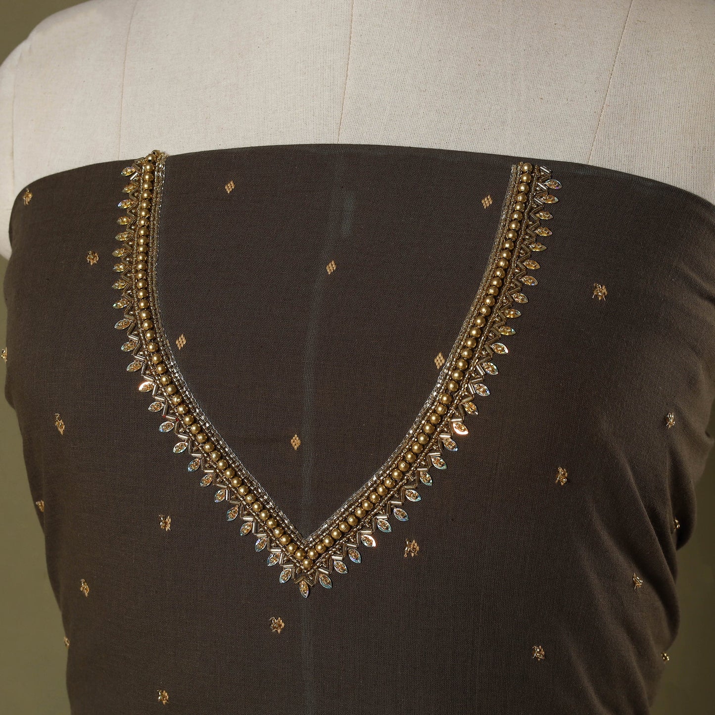 Brown - jacquard hand embroidery cotton blouse piece 12