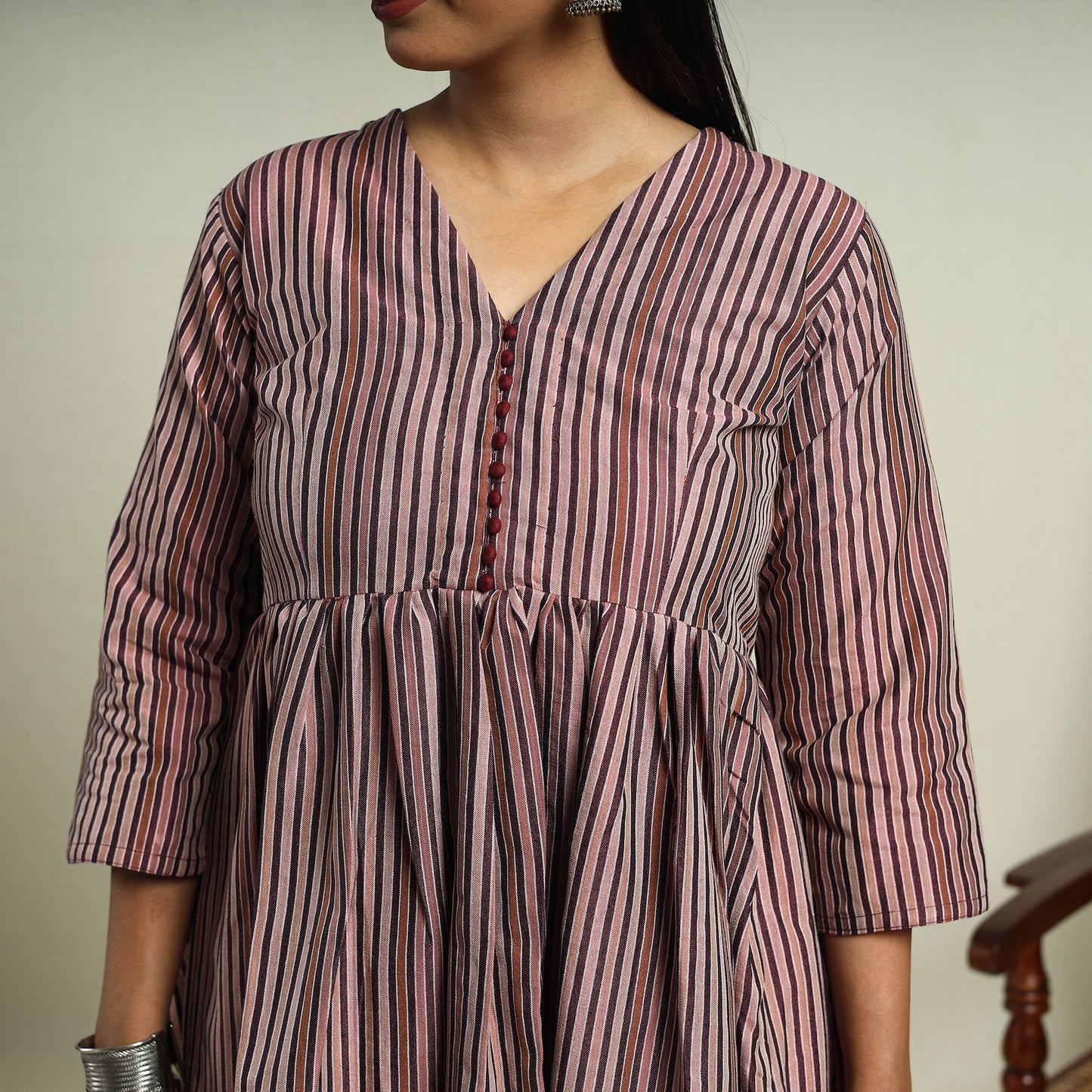 Brown Jhiri Handloom Flared Cotton Kurta for Women