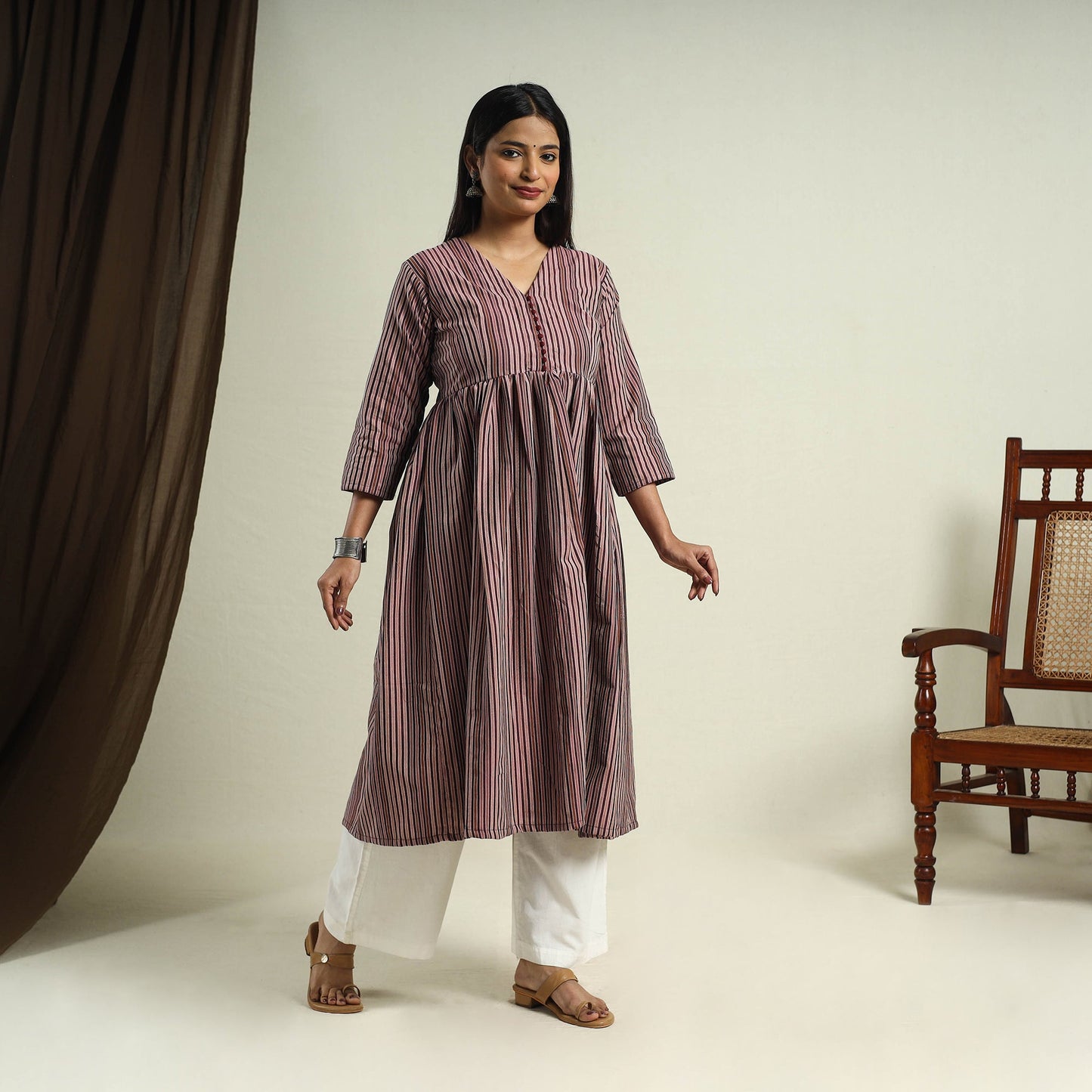 Brown Jhiri Handloom Flared Cotton Kurta for Women