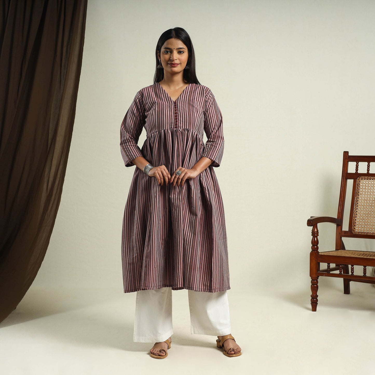 Brown Jhiri Handloom Flared Cotton Kurta for Women