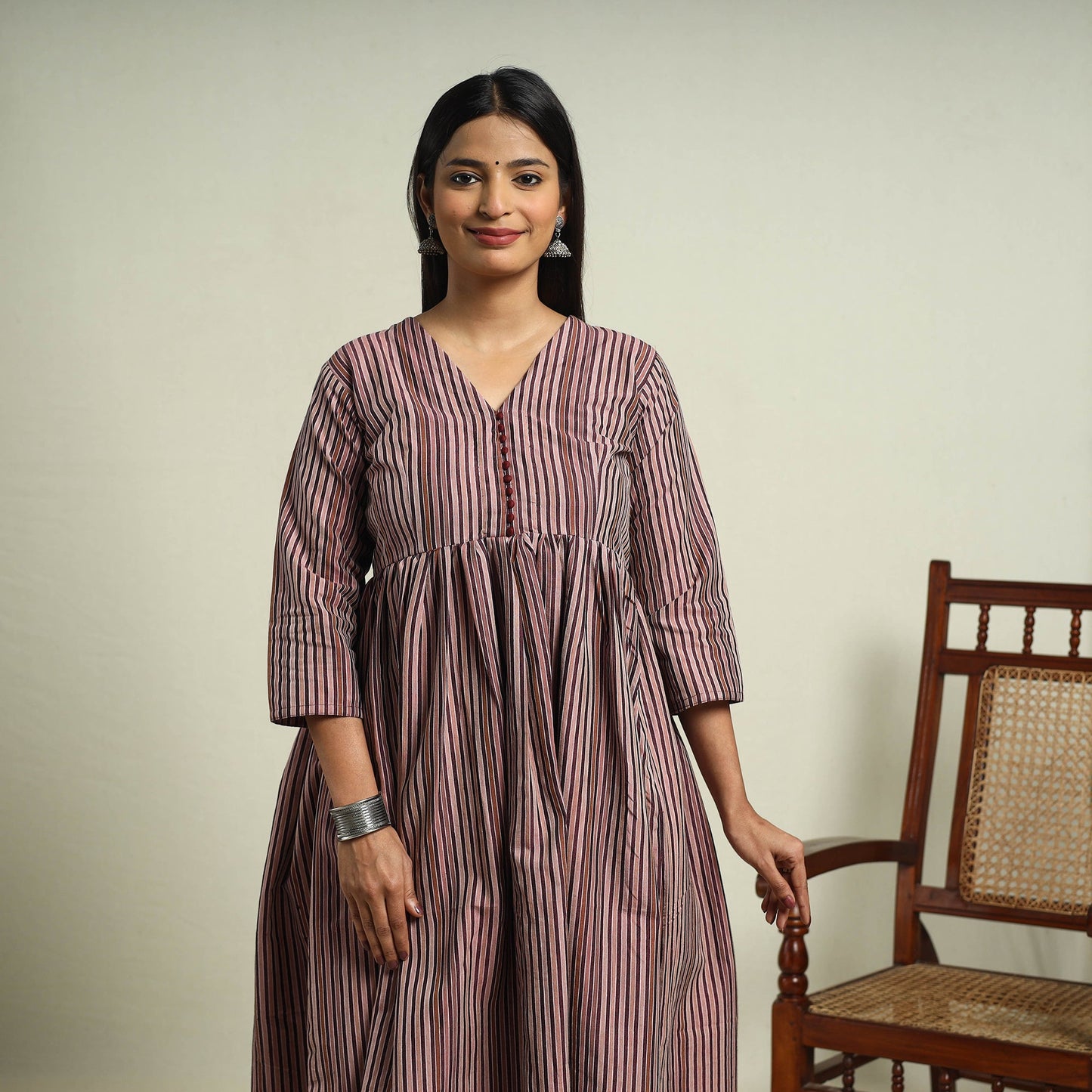 Brown Jhiri Handloom Flared Cotton Kurta for Women