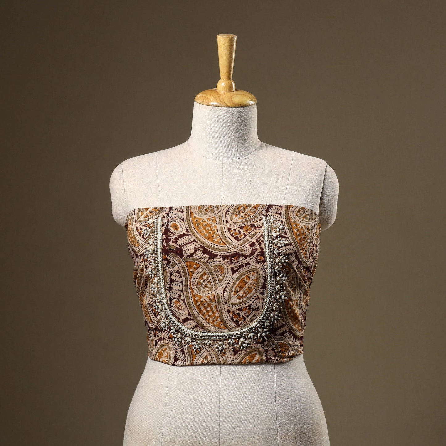 Brown Kalamkari Print Hand Embroidery Cotton Blouse Piece