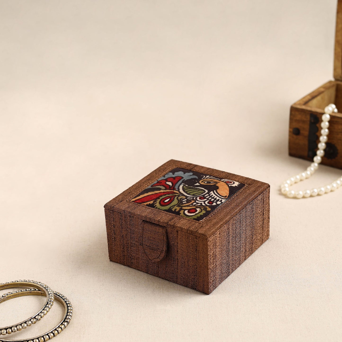 Brown Kalamkari Handpainted Ghicha Silk Bangle Box (Small)