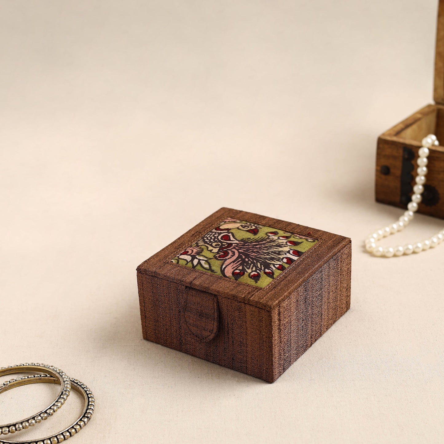 Brown Kalamkari Handpainted Ghicha Silk Bangle Box (Small)