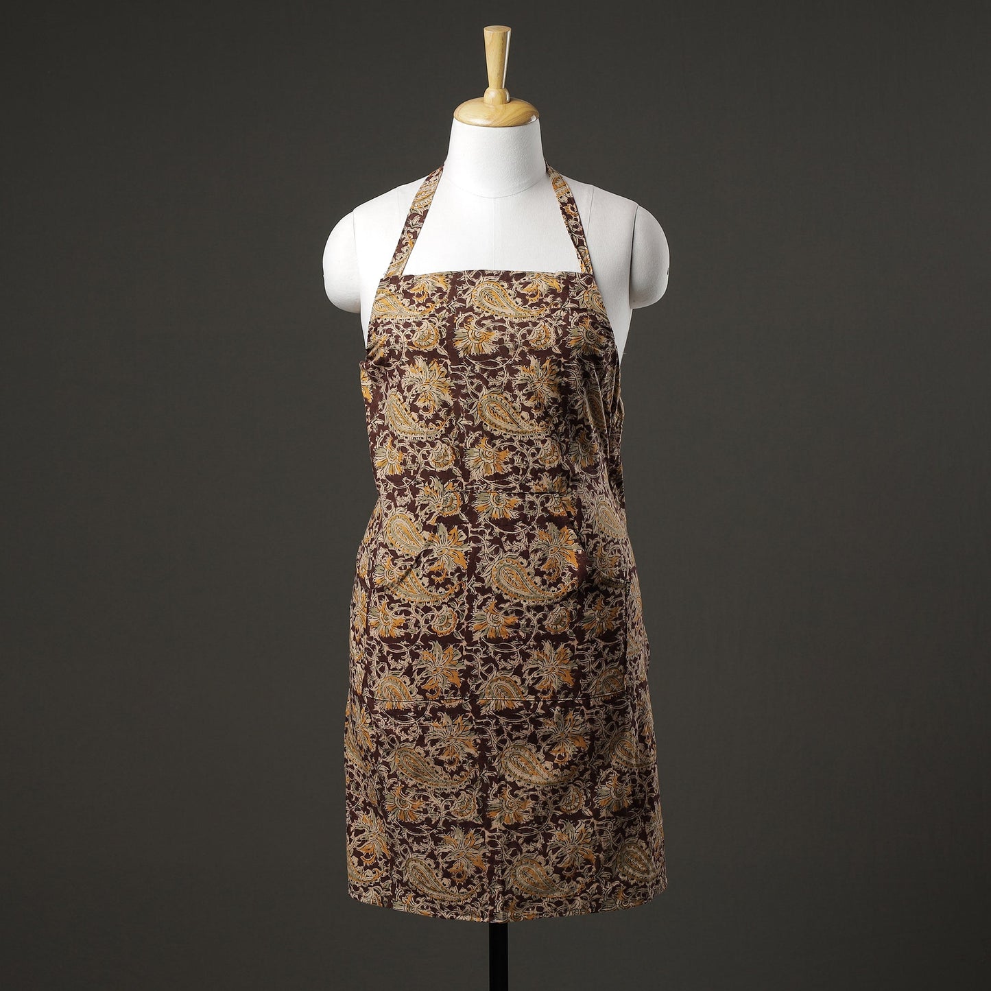Brown Kalamkari Block Printed Cotton Apron with Pocket