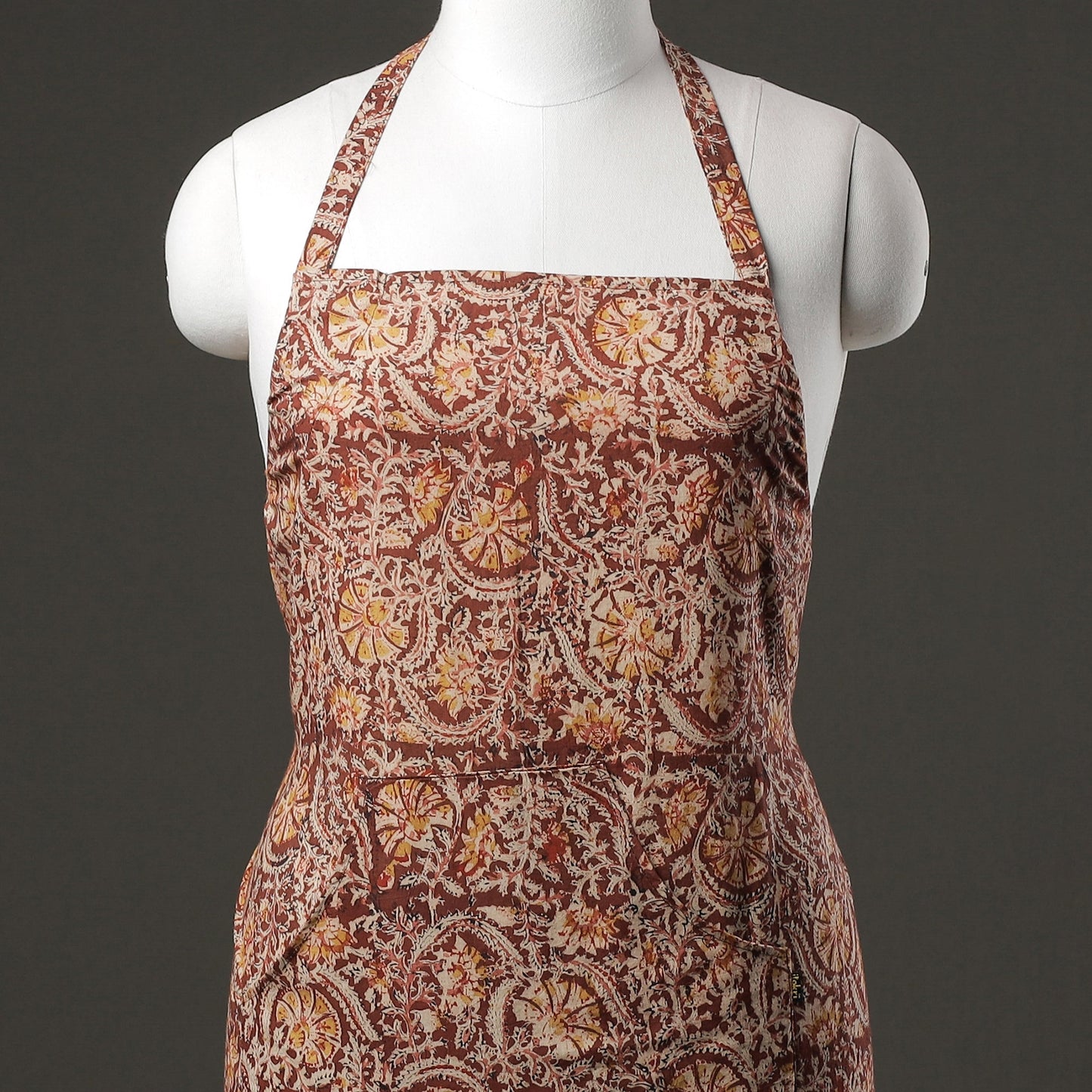 Brown Kalamkari Block Printed Cotton Apron with Pocket