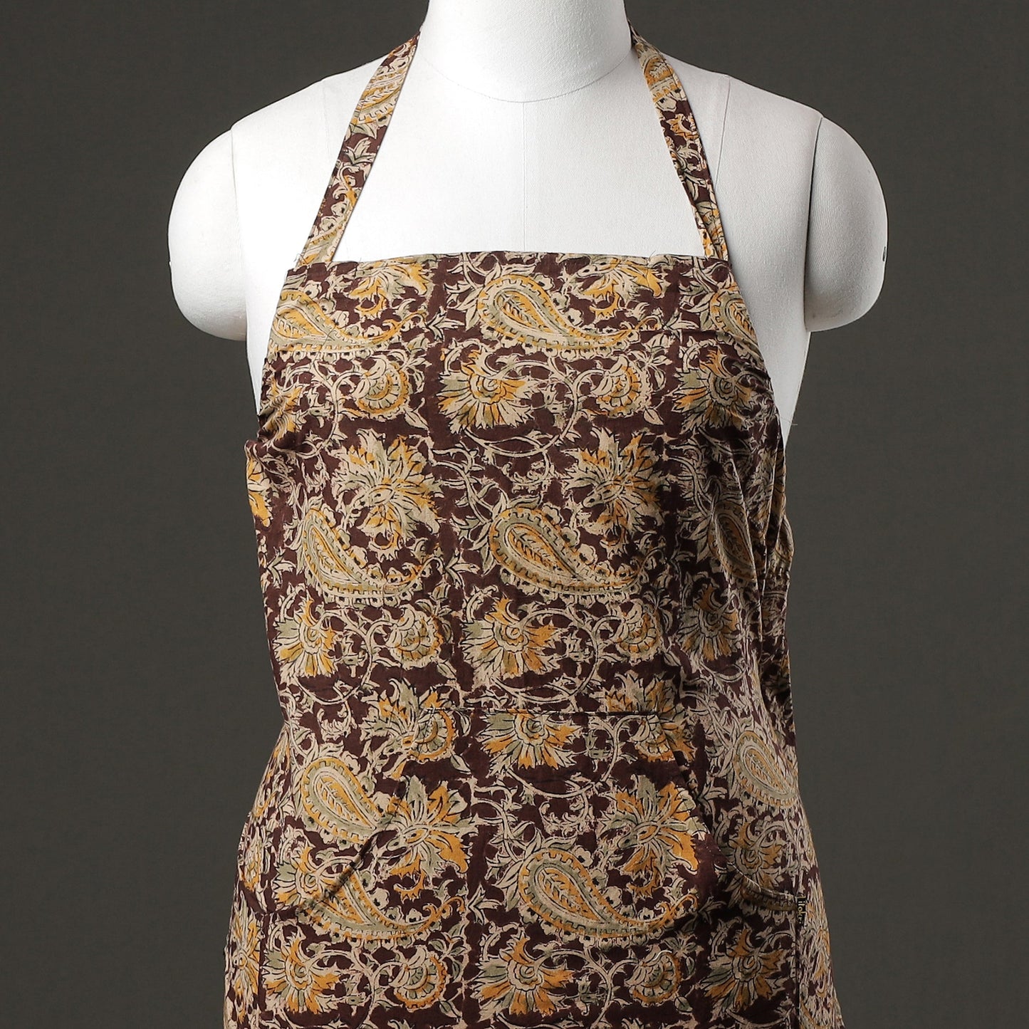 Brown Kalamkari Block Printed Cotton Apron with Pocket
