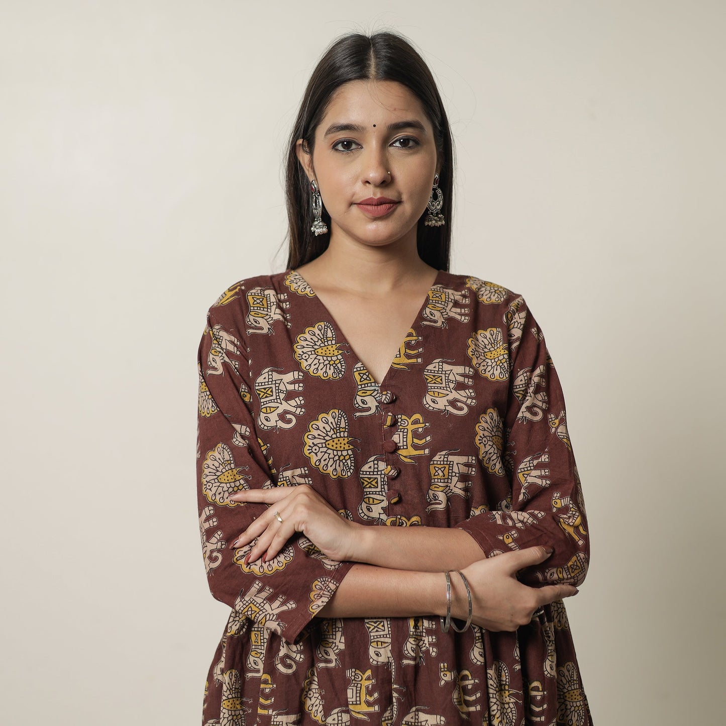 Kalamkari Printed Cotton Flared Kurta For Women