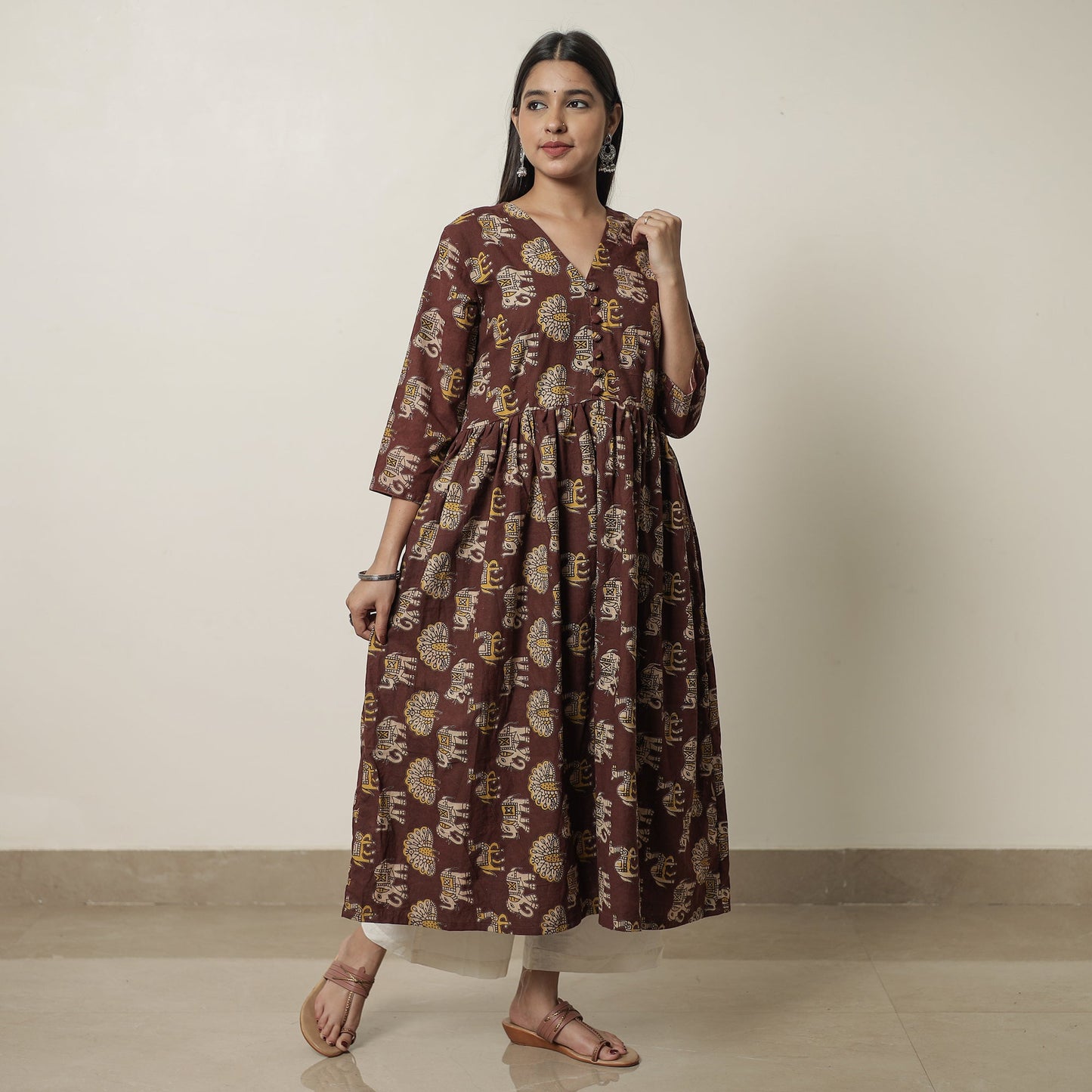 Kalamkari Printed Cotton Flared Kurta For Women