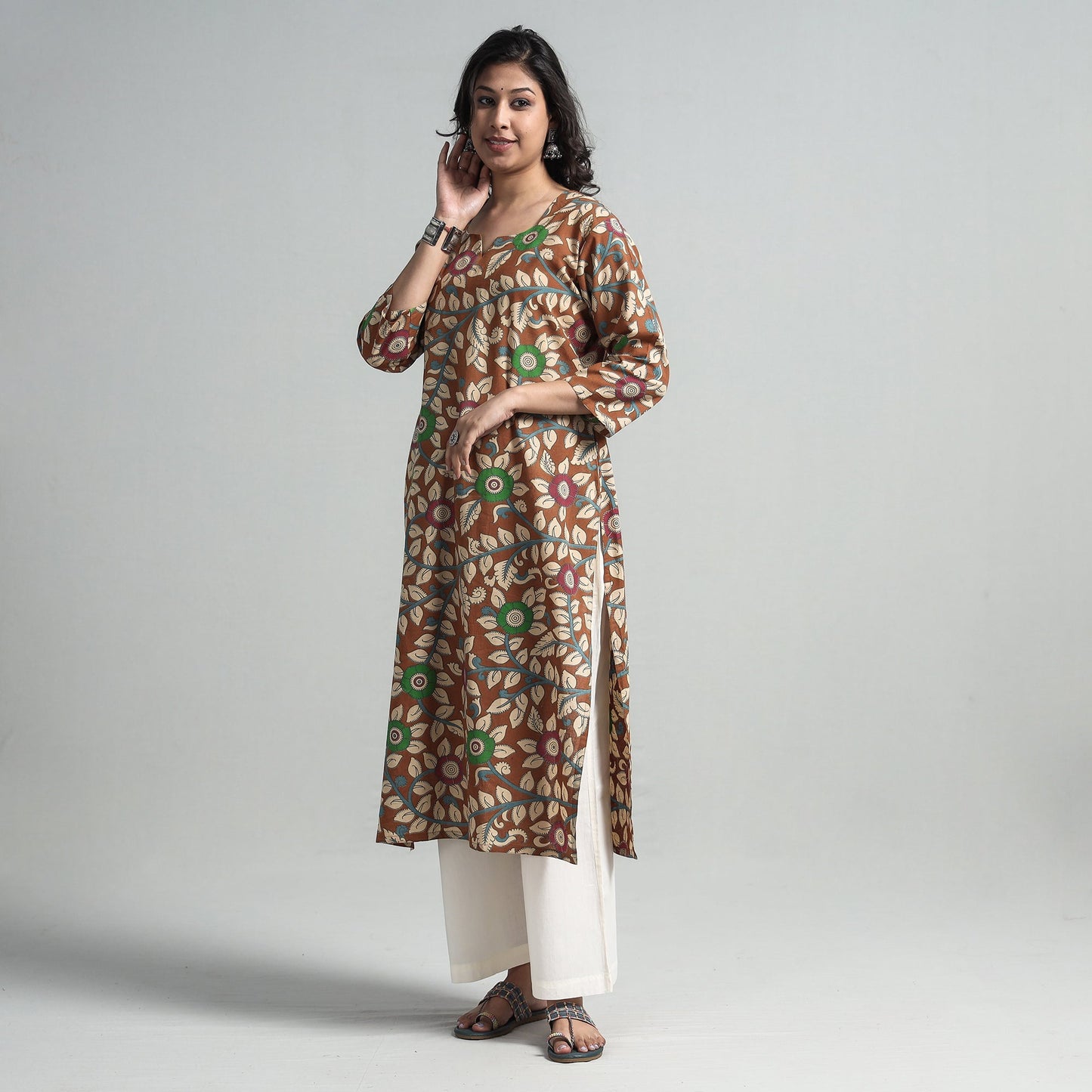 Kalamkari Printed Cotton A-Line Long Kurta For Women