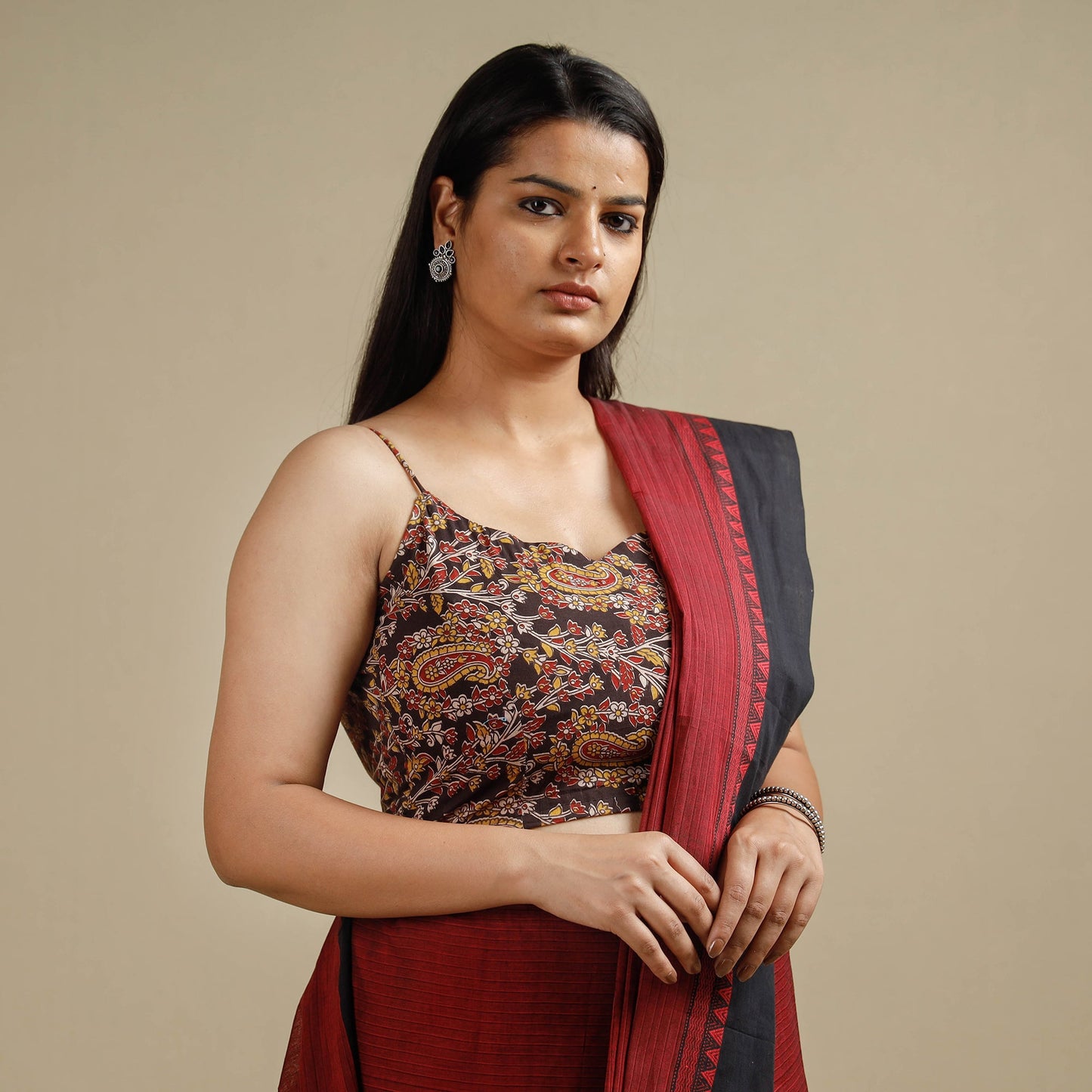 Brown - kalamkari printed cotton stitched blouse