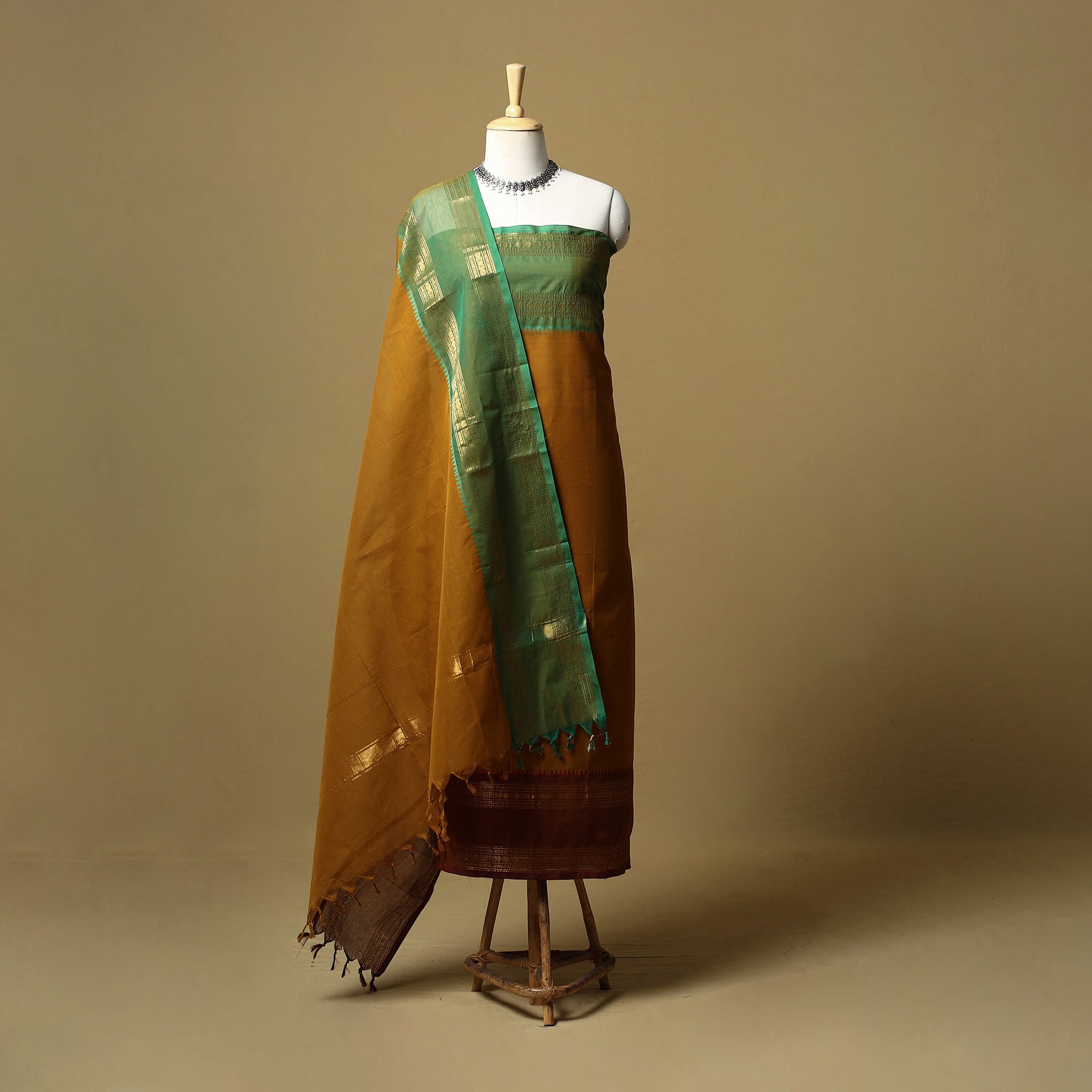 Brown Kandangi Chettinad Cotton 2pc Unstitched Dress Material Suit Set