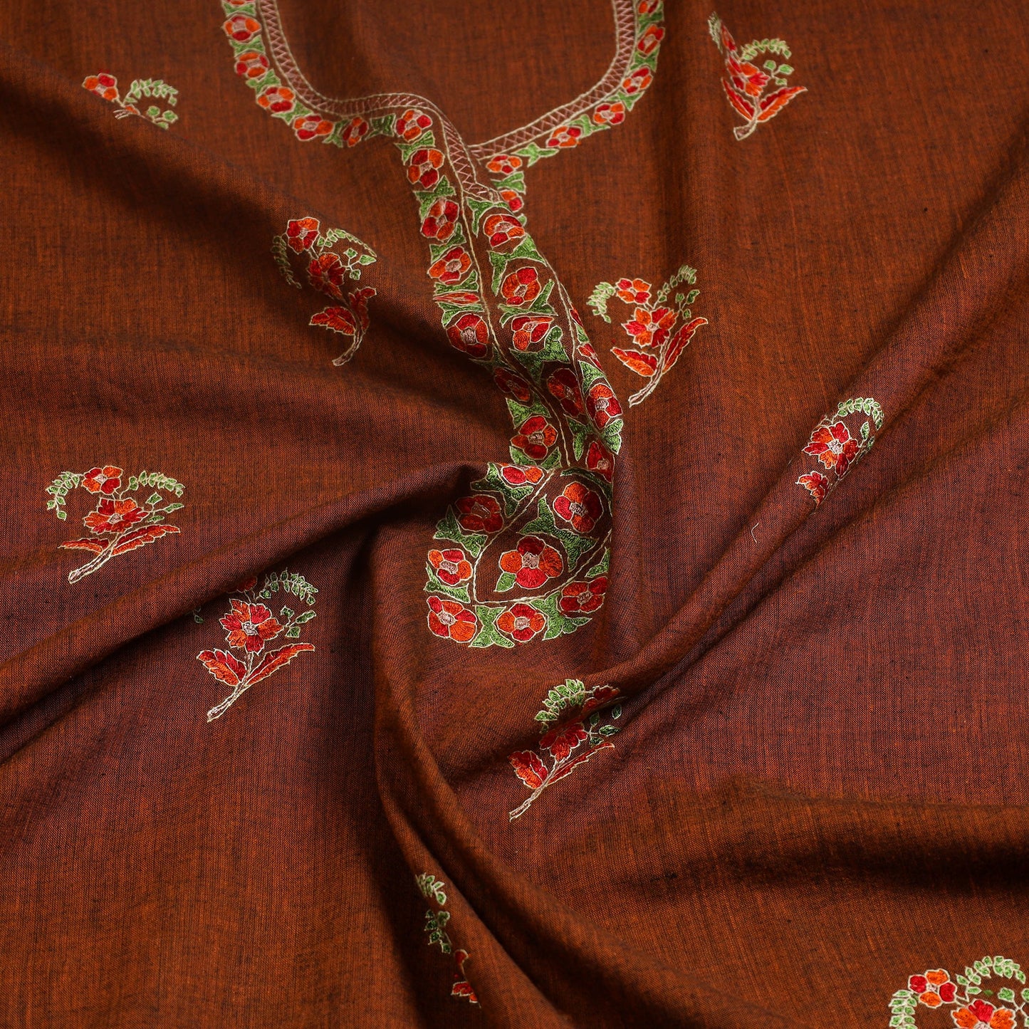 Brown Kashida Hand Embroidery Cotton Kurta Material