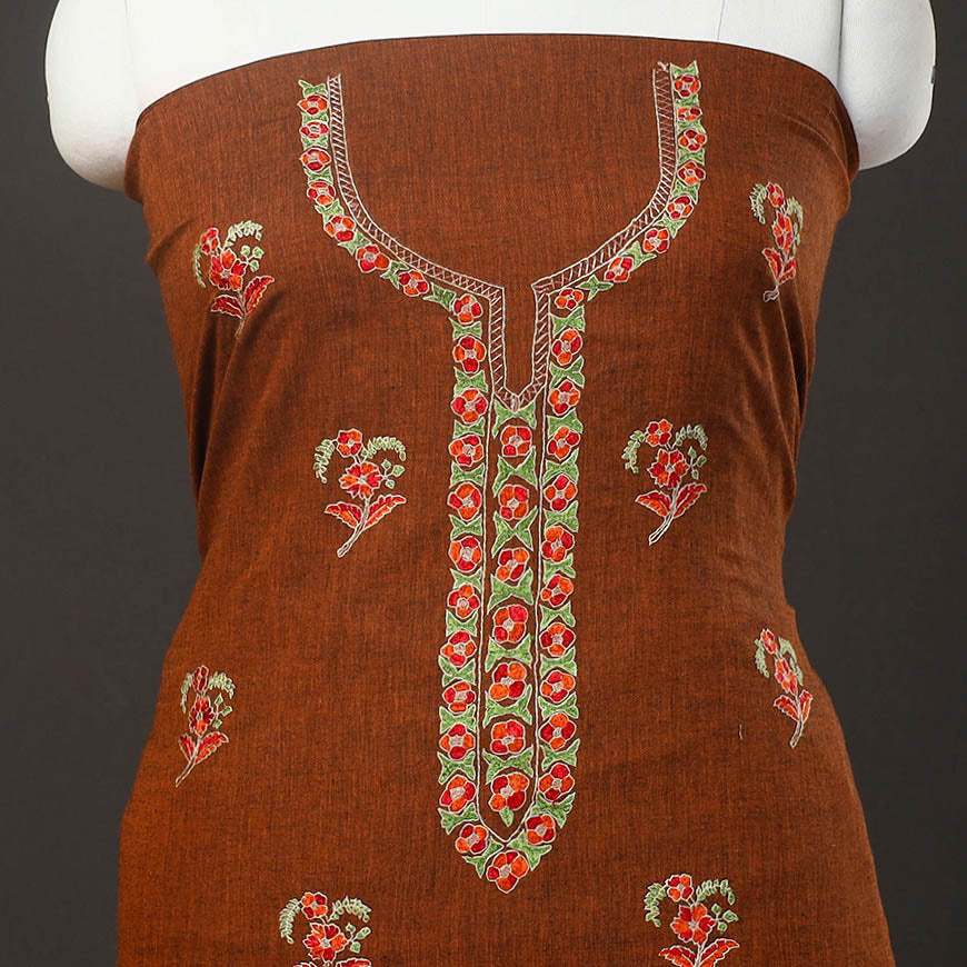 Brown Kashida Hand Embroidery Cotton Kurta Material
