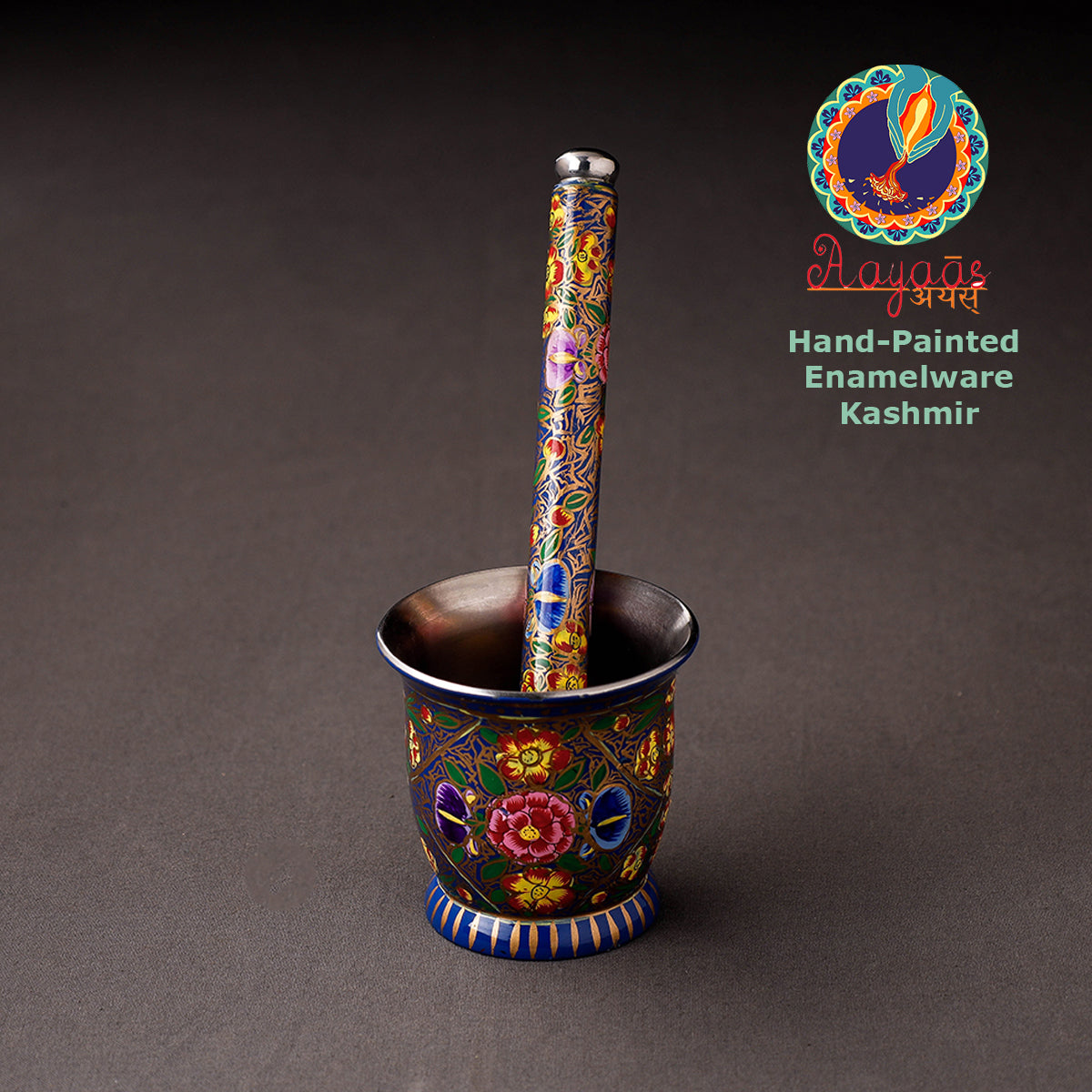 Floral Handpainted Enamelware Stainless Steel Mortar and Pestle