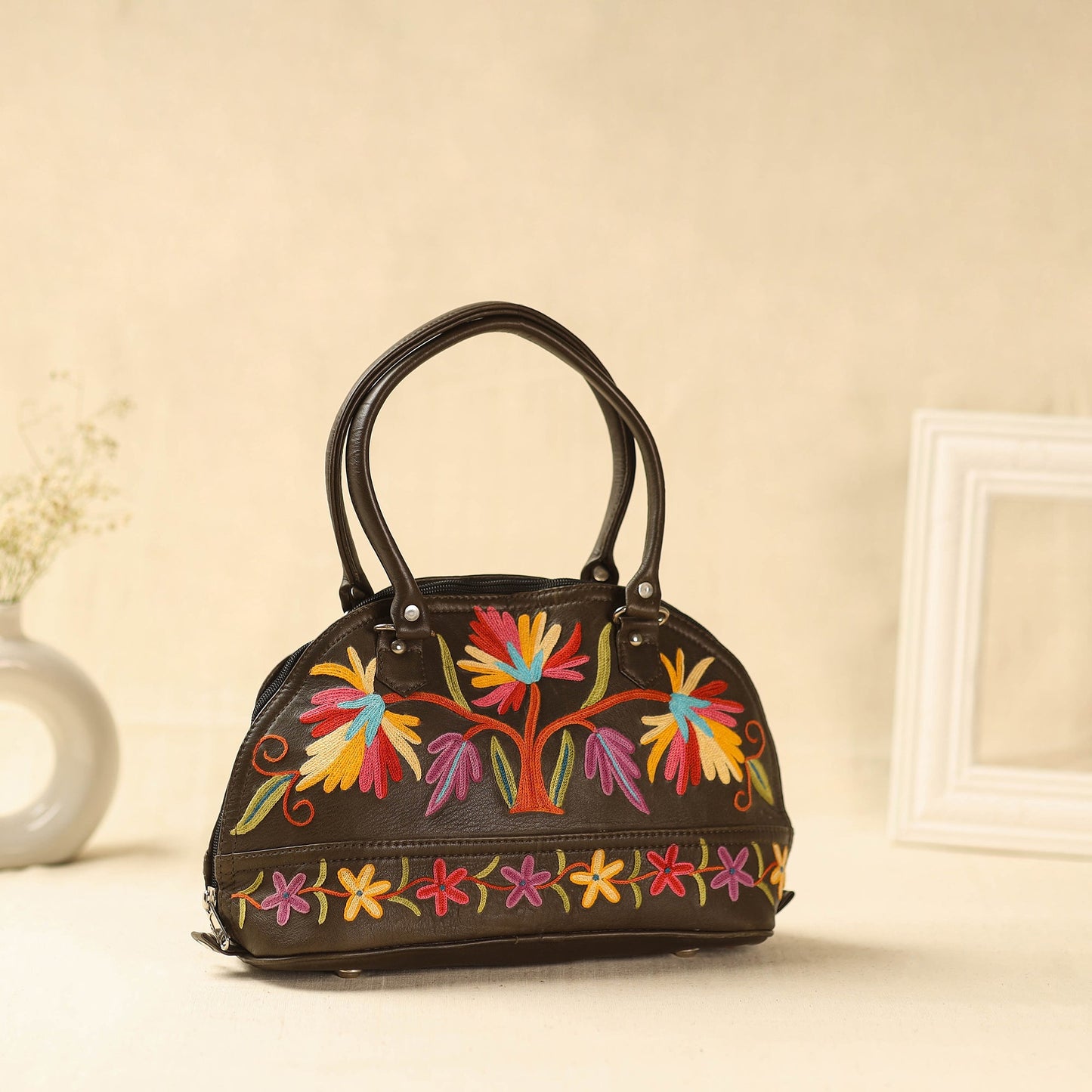 Brown Kashmiri Crewel Hand Embroidery Handbag