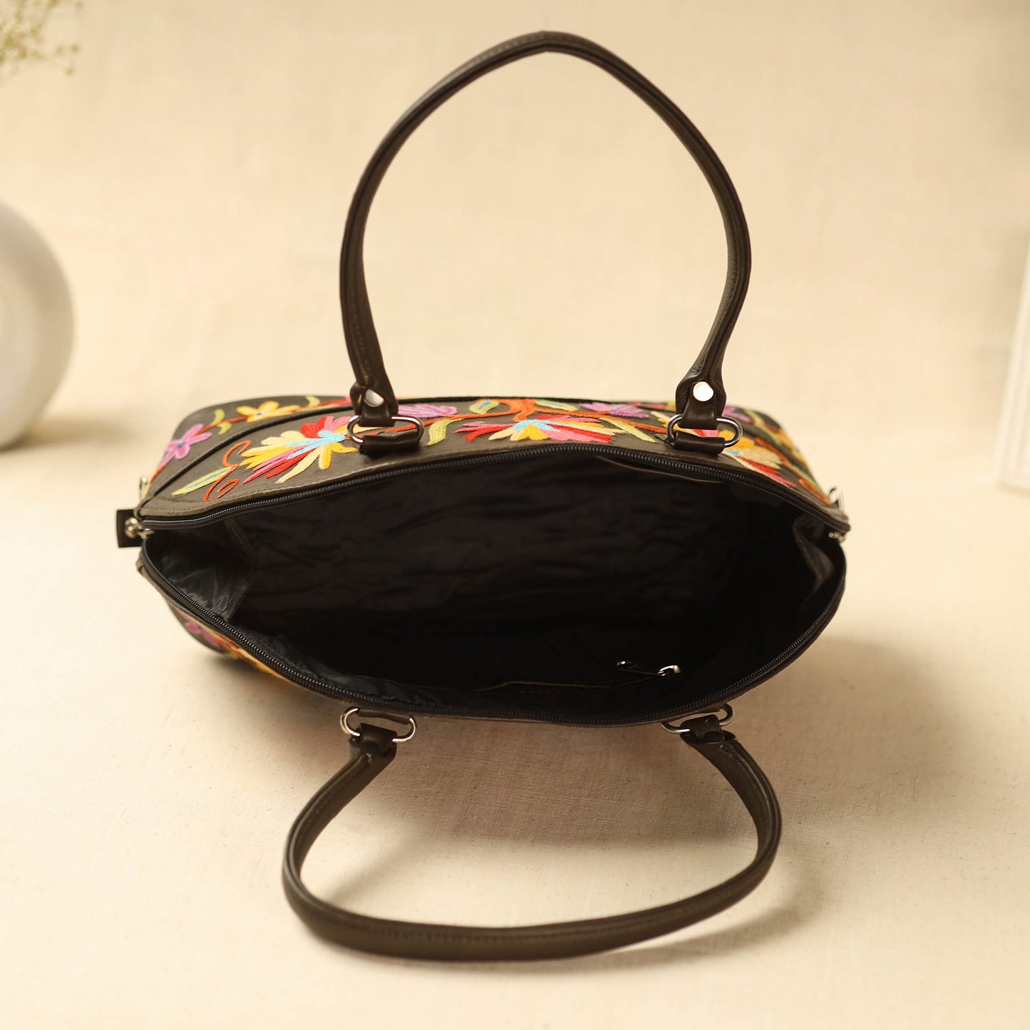 Brown Kashmiri Crewel Hand Embroidery Handbag