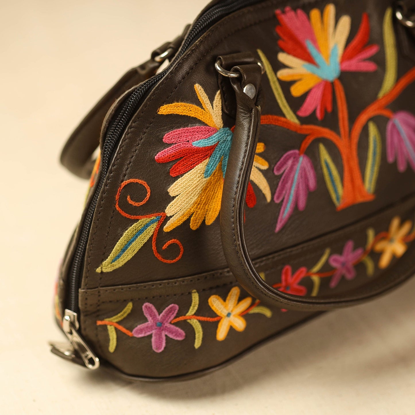 Brown Kashmiri Crewel Hand Embroidery Handbag