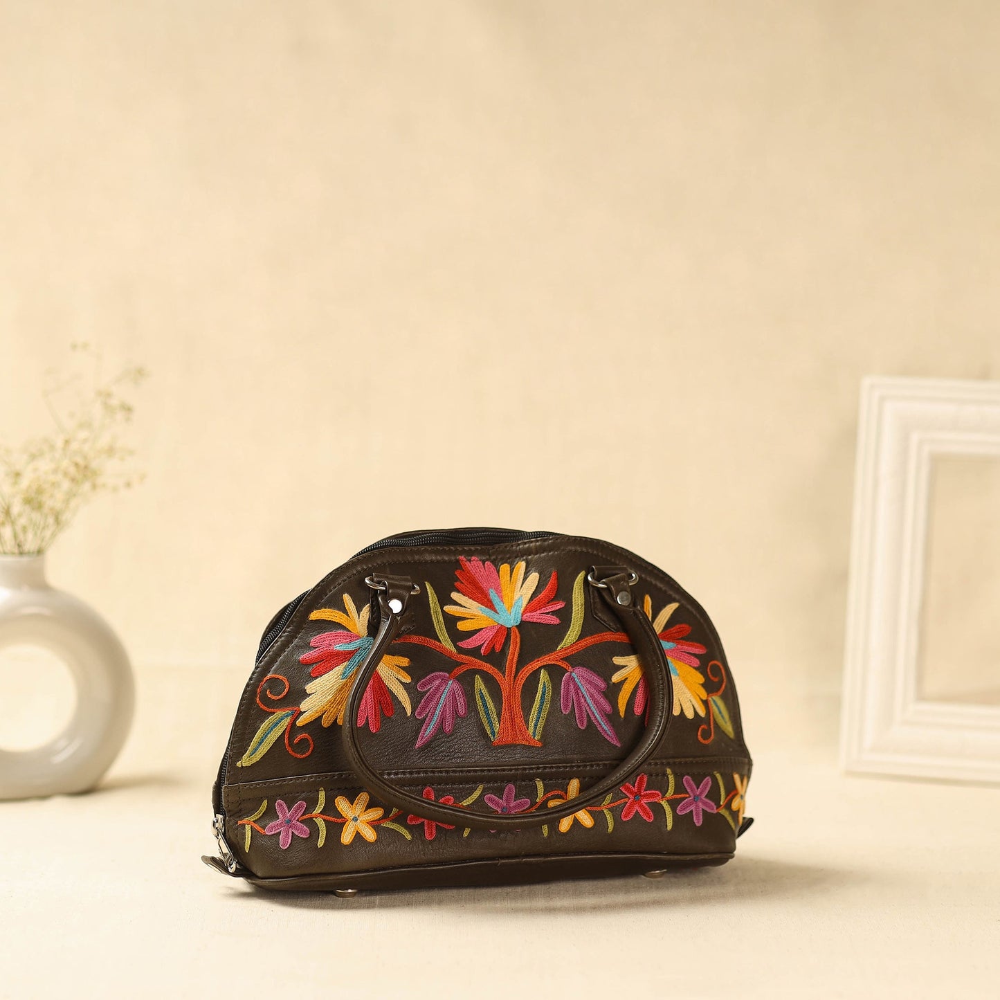 Brown Kashmiri Crewel Hand Embroidery Handbag