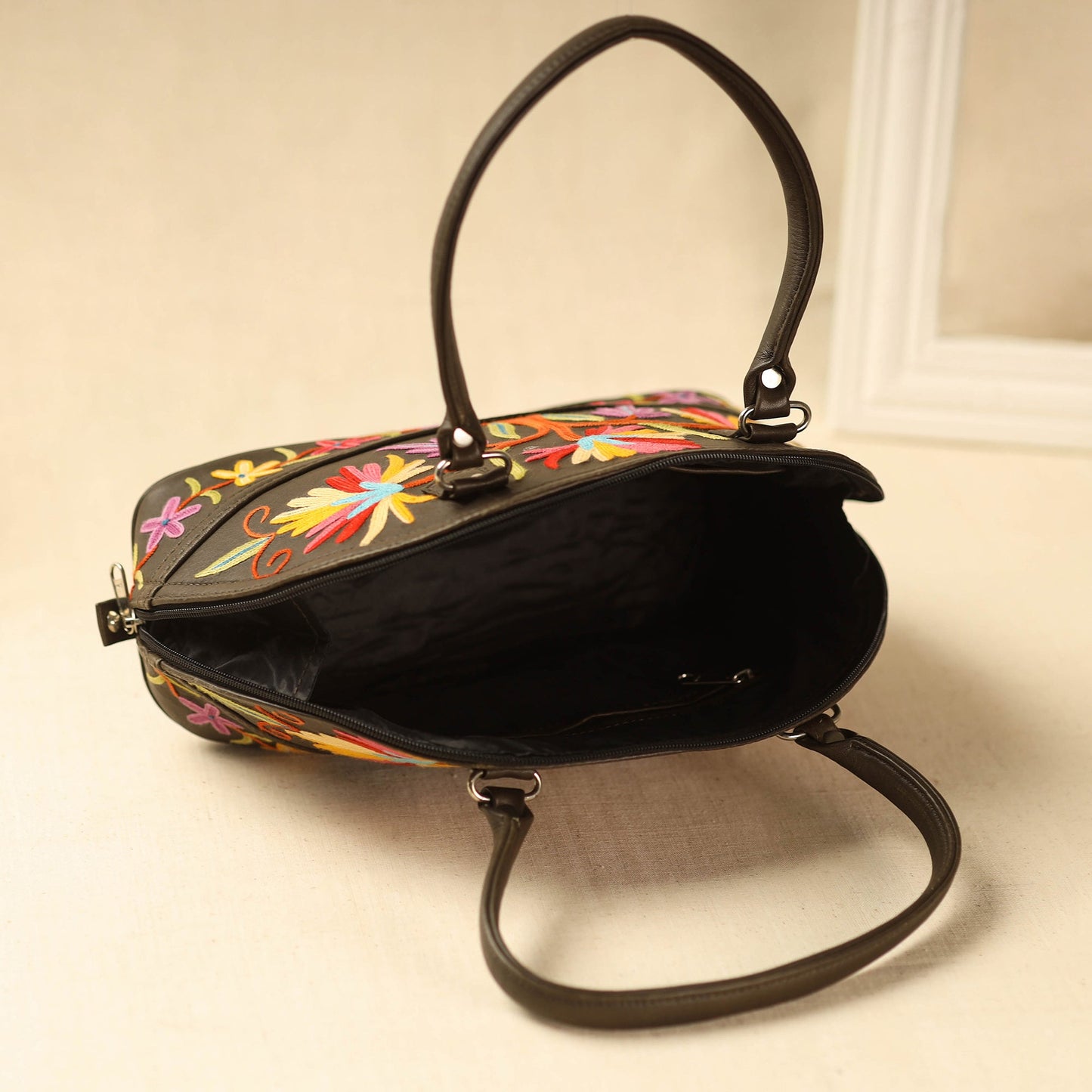 Brown Kashmiri Crewel Hand Embroidery Handbag