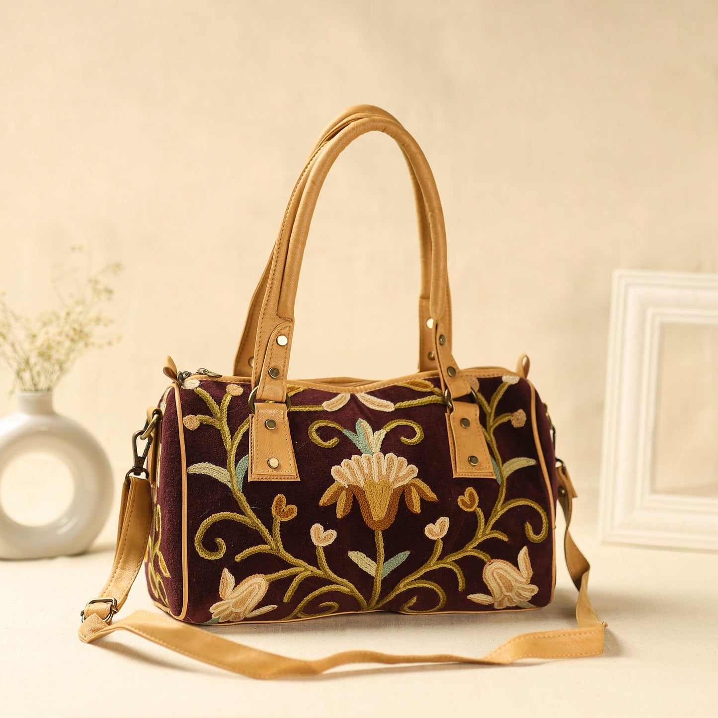 Brown Kashmiri Crewel Hand Embroidery Handbag