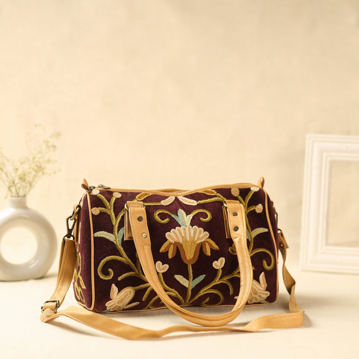 Brown Kashmiri Crewel Hand Embroidery Handbag