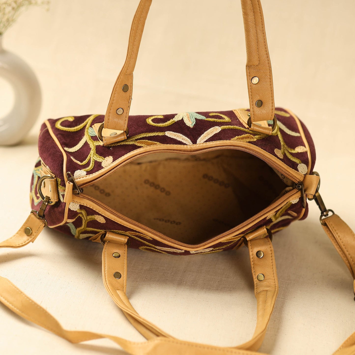 Brown Kashmiri Crewel Hand Embroidery Handbag