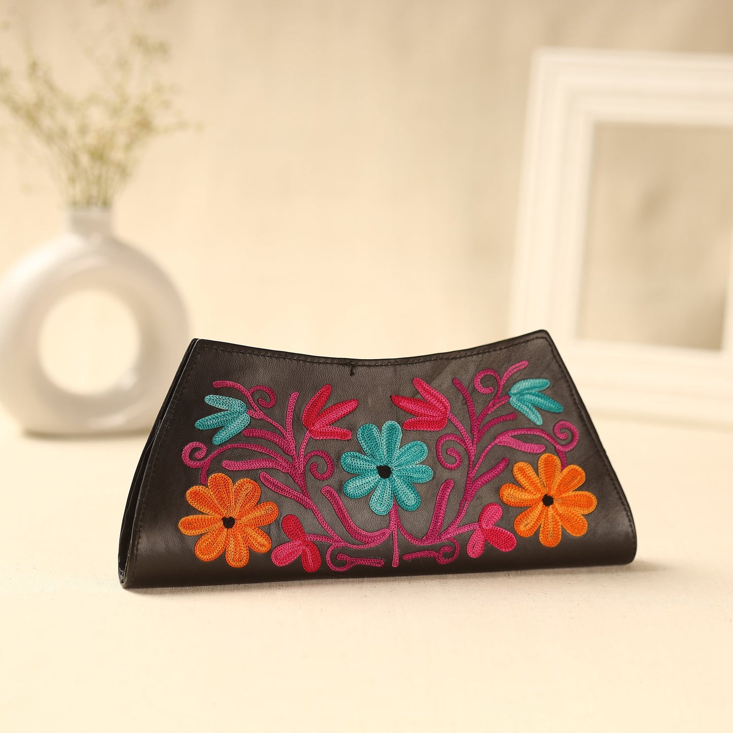 Brown Kashmiri Crewel Hand Embroidery Leather Clutch
