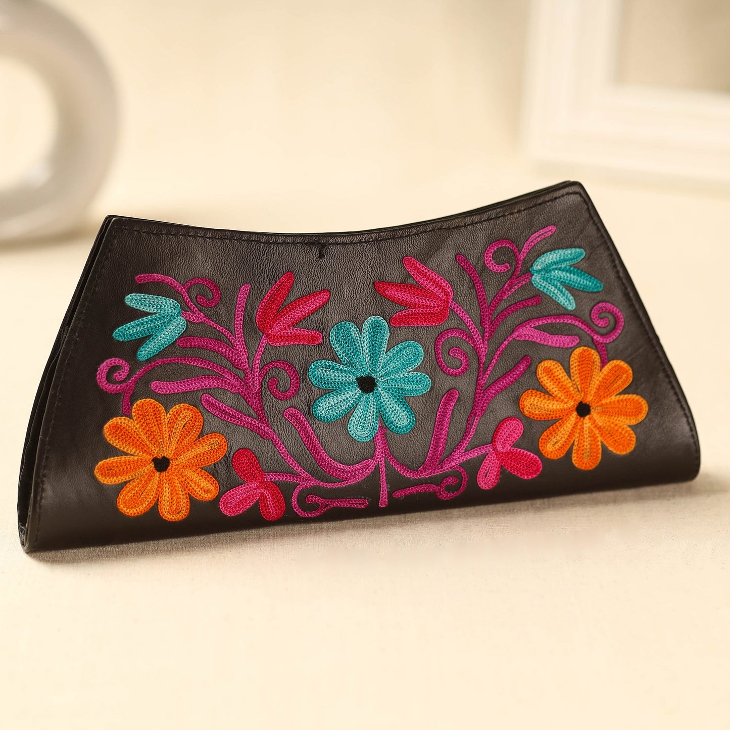 Brown Kashmiri Crewel Hand Embroidery Leather Clutch