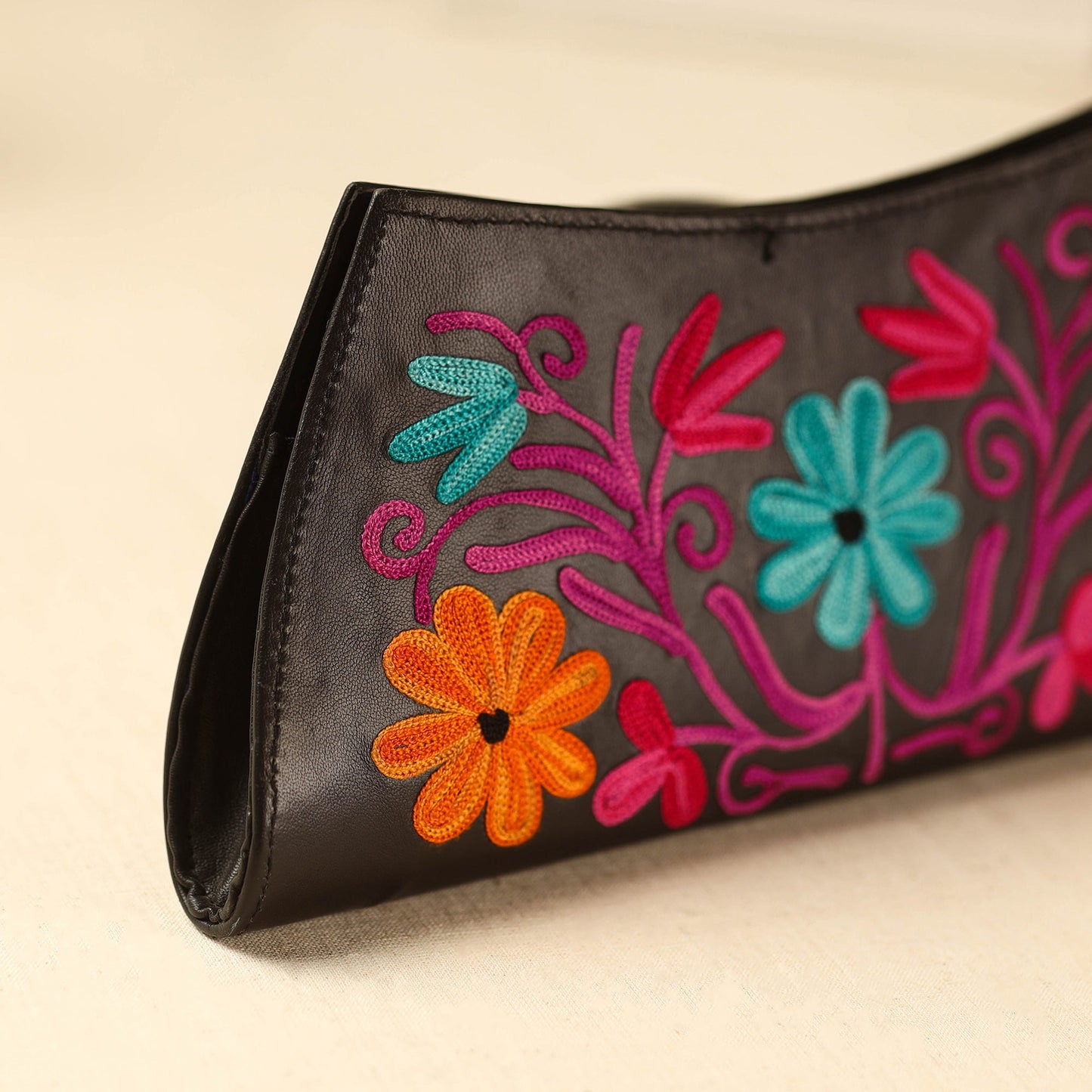 Brown Kashmiri Crewel Hand Embroidery Leather Clutch