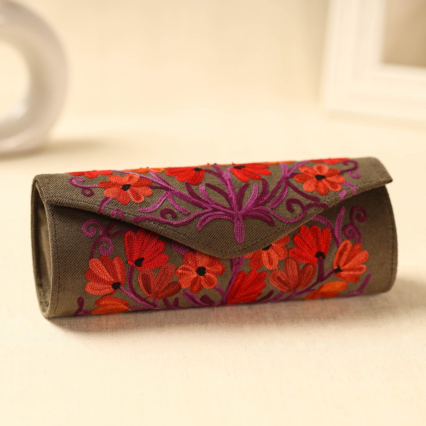 Brown Kashmiri Crewel Hand Embroidery Velvet Clutch