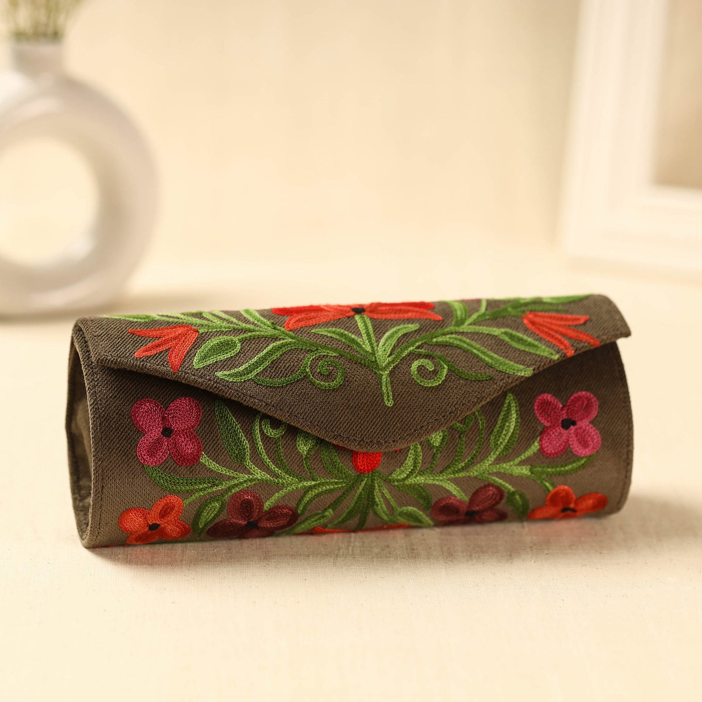 Brown Kashmiri Crewel Hand Embroidery Velvet Clutch