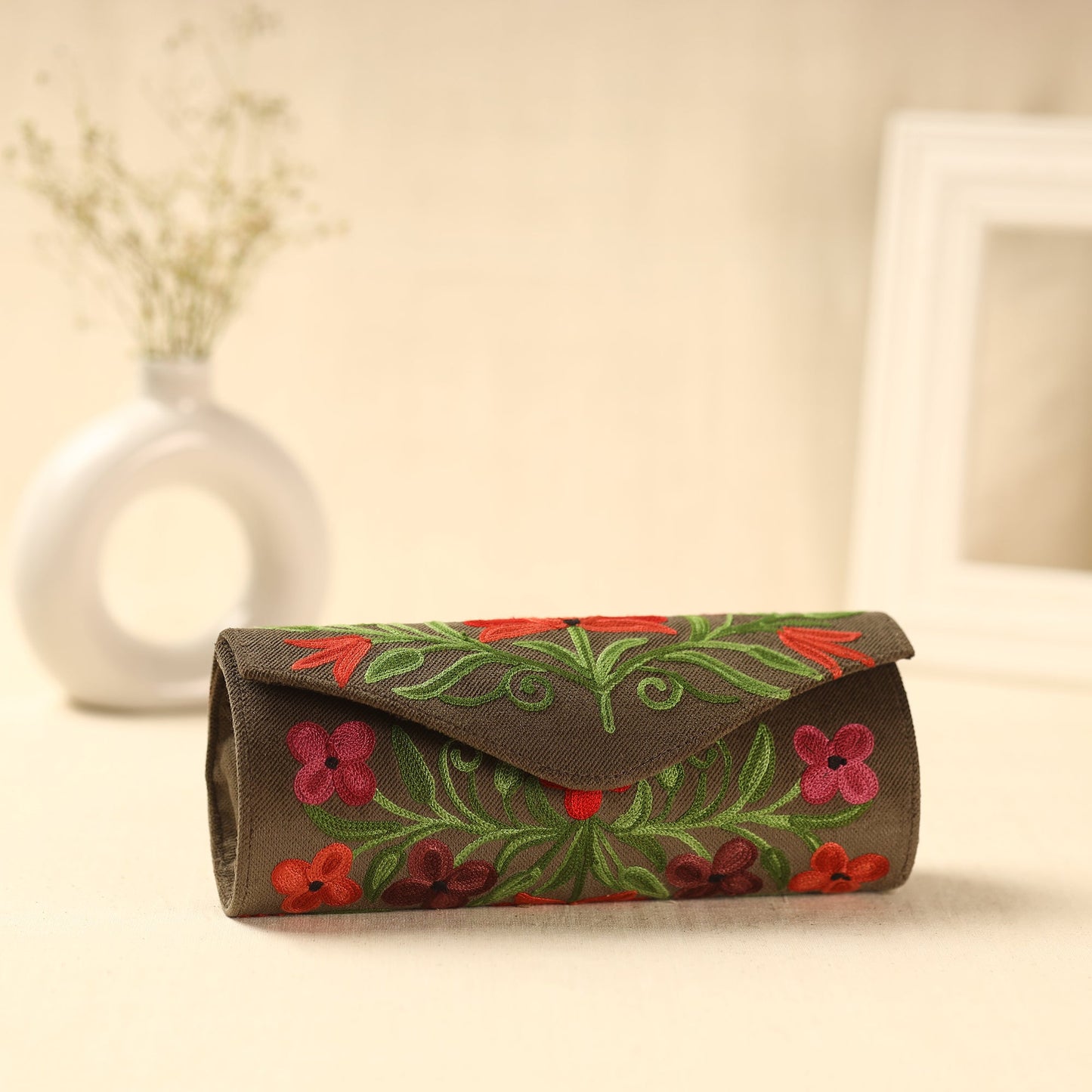 Brown Kashmiri Crewel Hand Embroidery Velvet Clutch