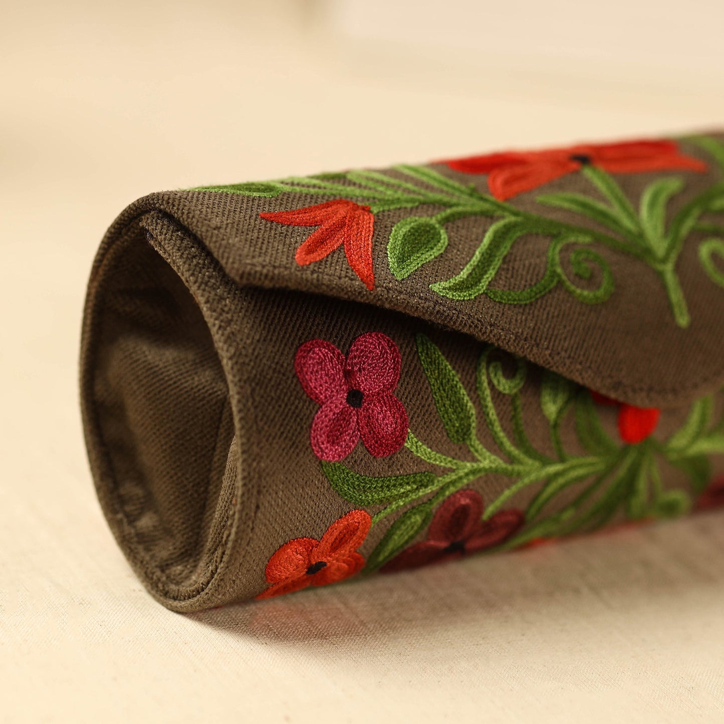 Brown Kashmiri Crewel Hand Embroidery Velvet Clutch