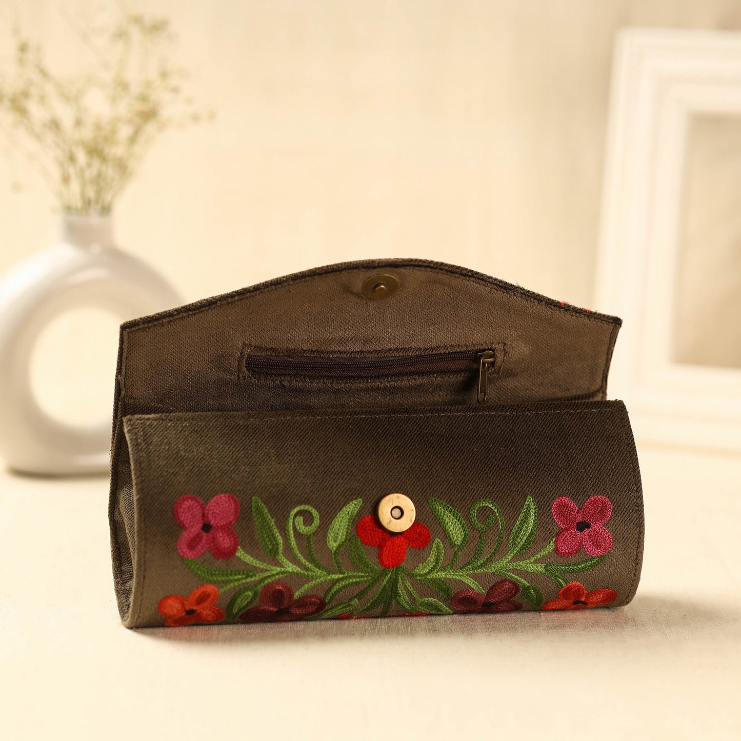 Brown Kashmiri Crewel Hand Embroidery Velvet Clutch