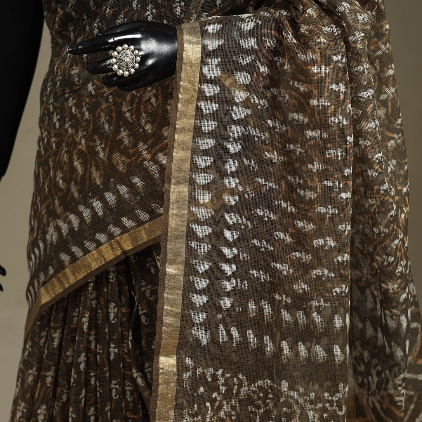 Brown - kota doria cotton bagru saree 26 - handcrafted