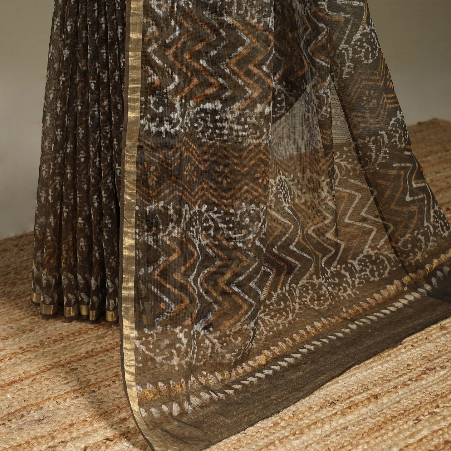 Brown - kota doria cotton bagru saree 26 - handcrafted