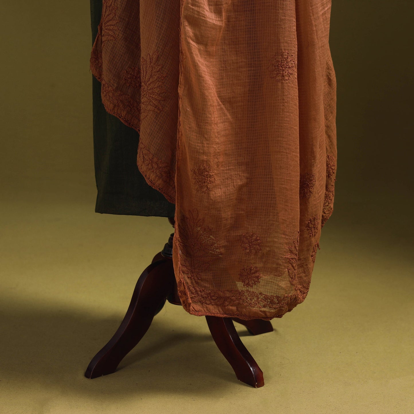 Brown - kota doria cotton hand embroidered lucknowi
