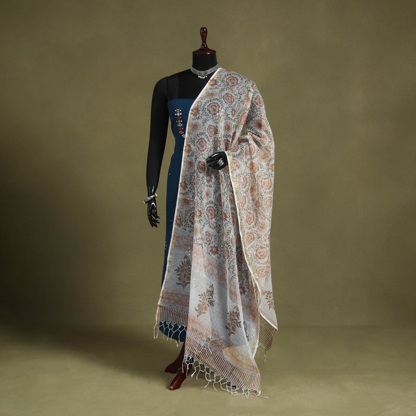 Brown Block Print Kota Doria Cotton Sanganeri Floral Dupatta