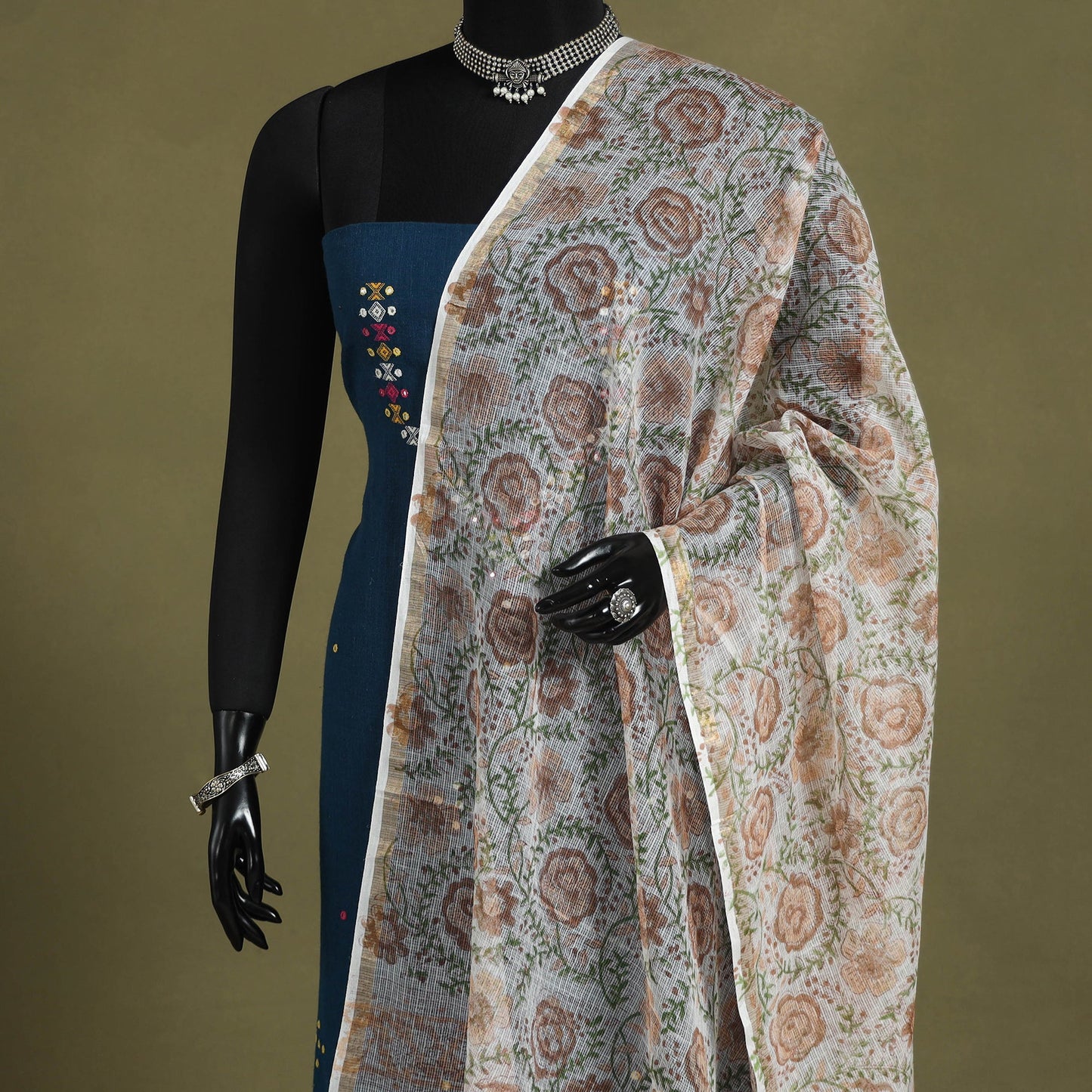 Brown Block Print Kota Doria Cotton Sanganeri Floral Dupatta