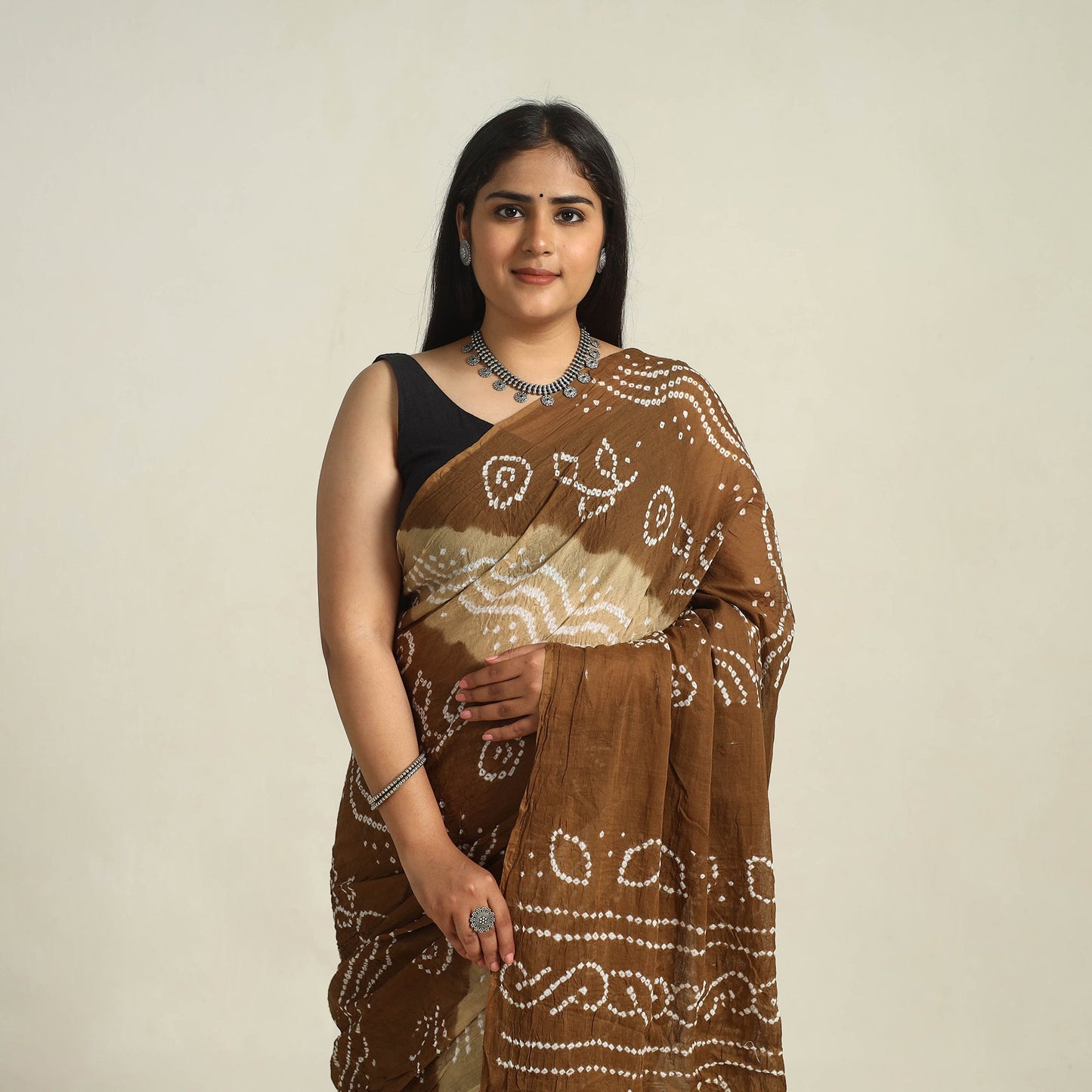 Brown - kutch bandhani tie-dye cotton saree with blouse
